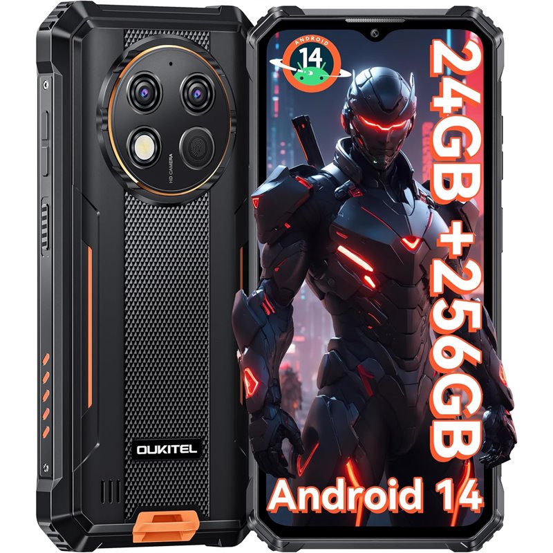 OUKITEL G1, teléfono inteligente Android 14 resistente, 24 GB+ 256 GB (TF 1TB) 6.52 HD+ Teléfono móvil inquebrantable, naranja