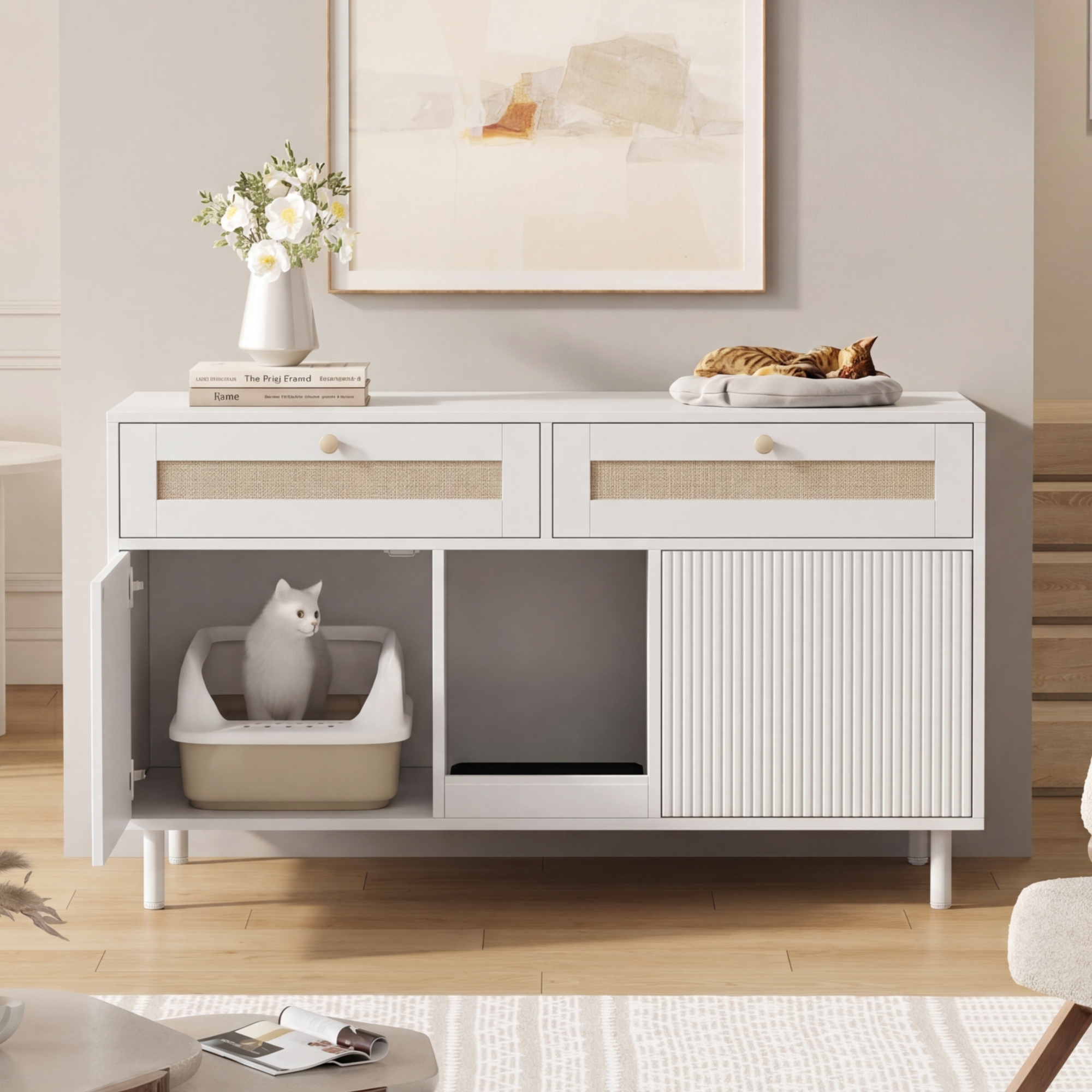 Meuble cache-litière blanc avec deux portes, tiroir et tapis récupérateur