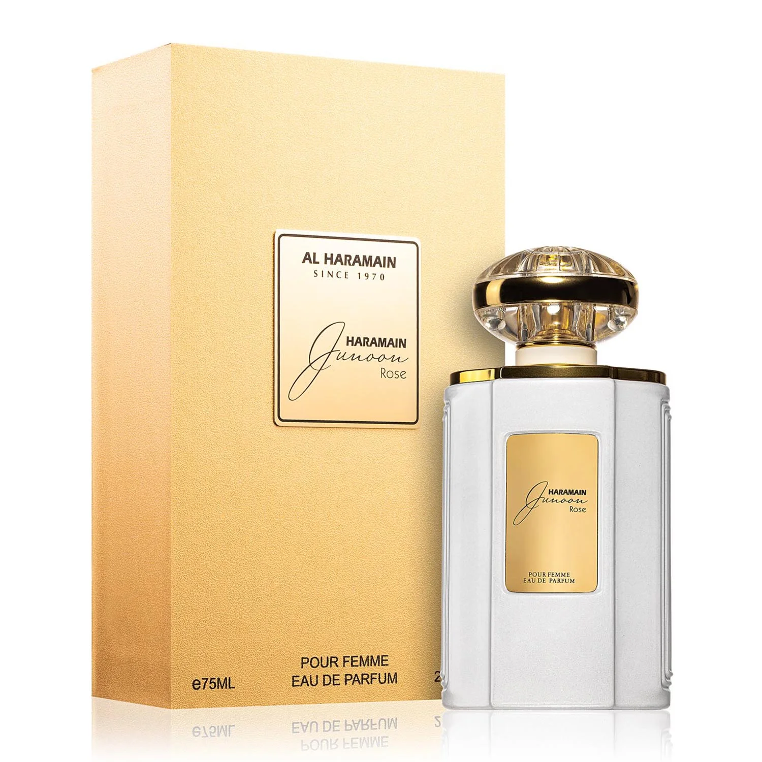 Al Haramain - Junoon Rose Eau de Parfum para mujer 75 ml, perfume árabe ambarino floral empolvado con notas de rosa, amaretto y ámbar, ideal para uso diario y eventos