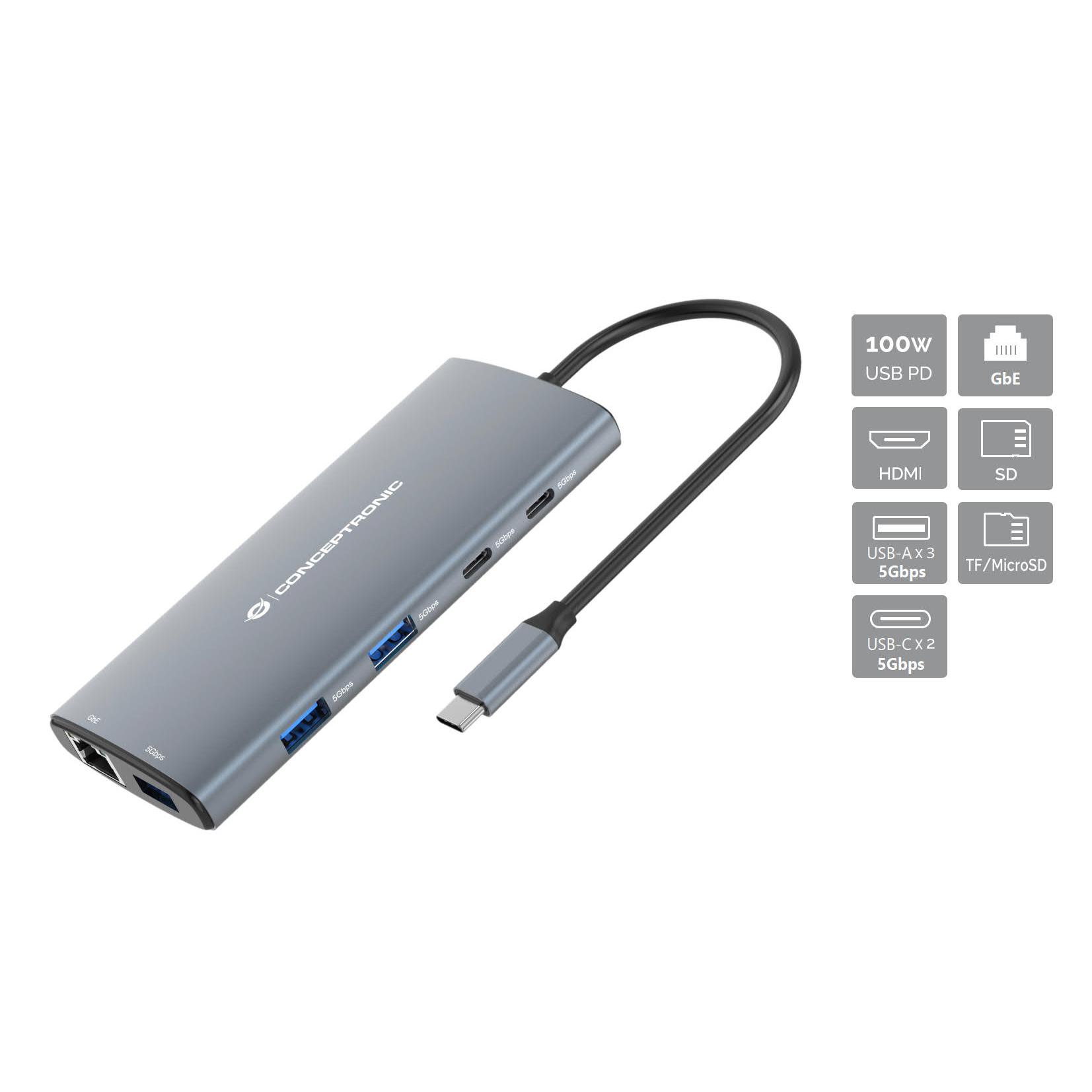 Conceptronic DONN06G base para portátil y replicador de puertos Alámbrico USB 3.2 Gen 1 (3.1 Gen 1) Type-C Gris
