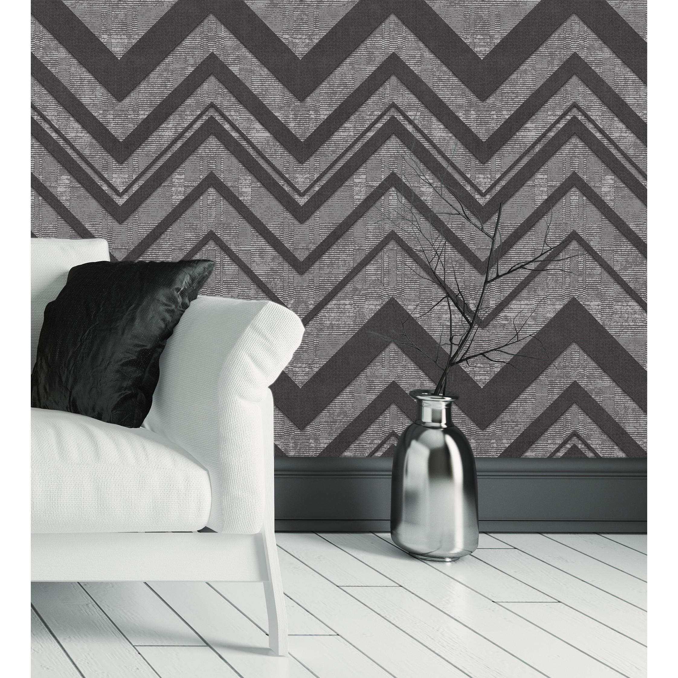 Papel pintado vinílico geométrico zigzag negro con textura en relieve - Enzo Spike 681659 de GAULAN - Rollo de 10 m x 1,06 m