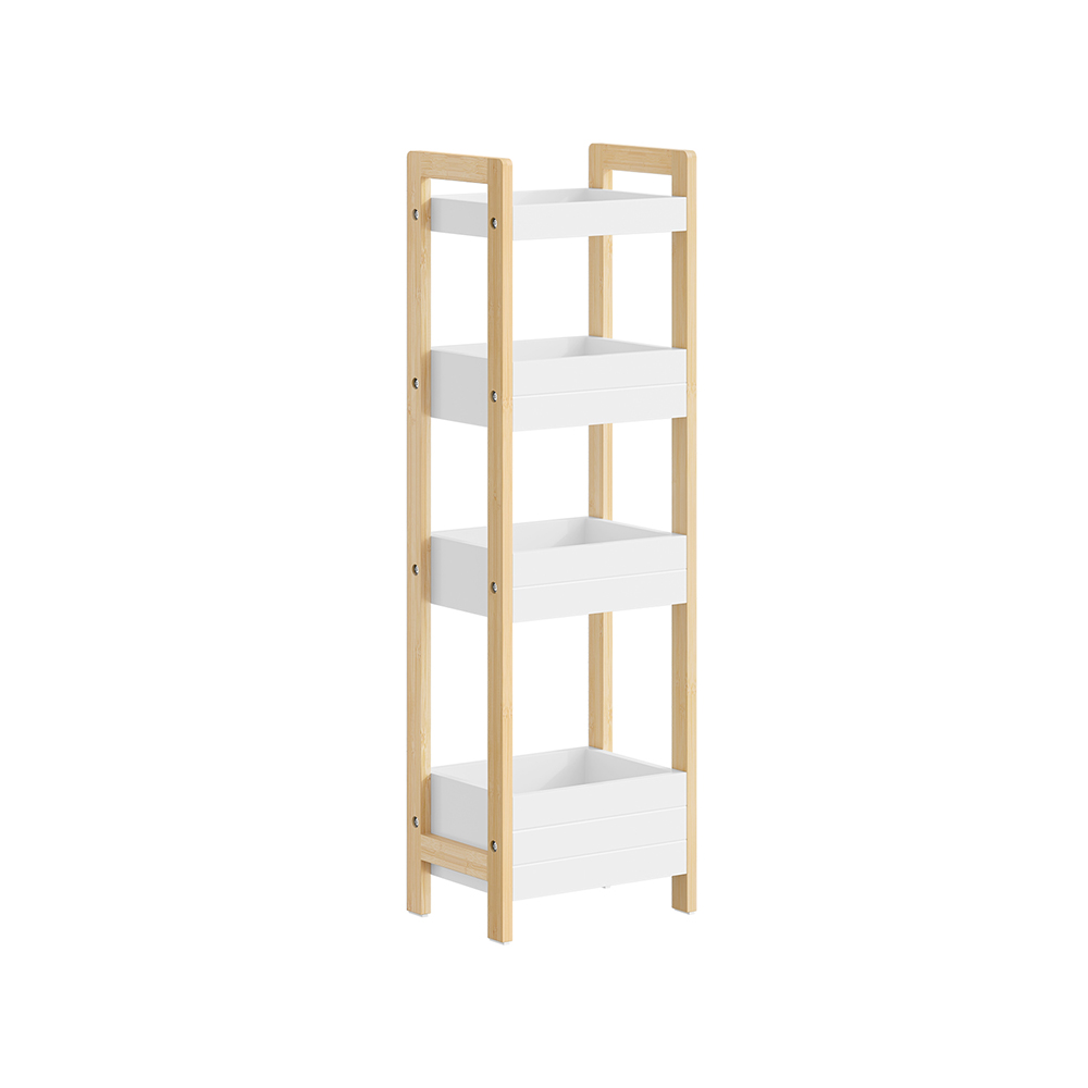 SoBuy Estantería de pared blanca con 4 estantes de MDF y bambú | 28×20×90 cm