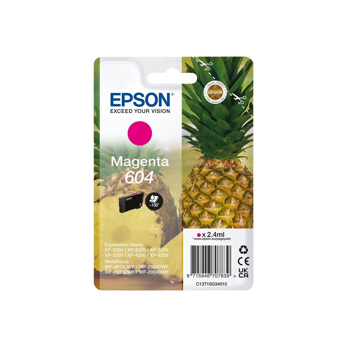 Epson 604 Magenta Original Ink Cartridge - Reliable printer ink for Epson printers, providing clear prints and economical performance, suitable for various models with a yield of 130 pages.