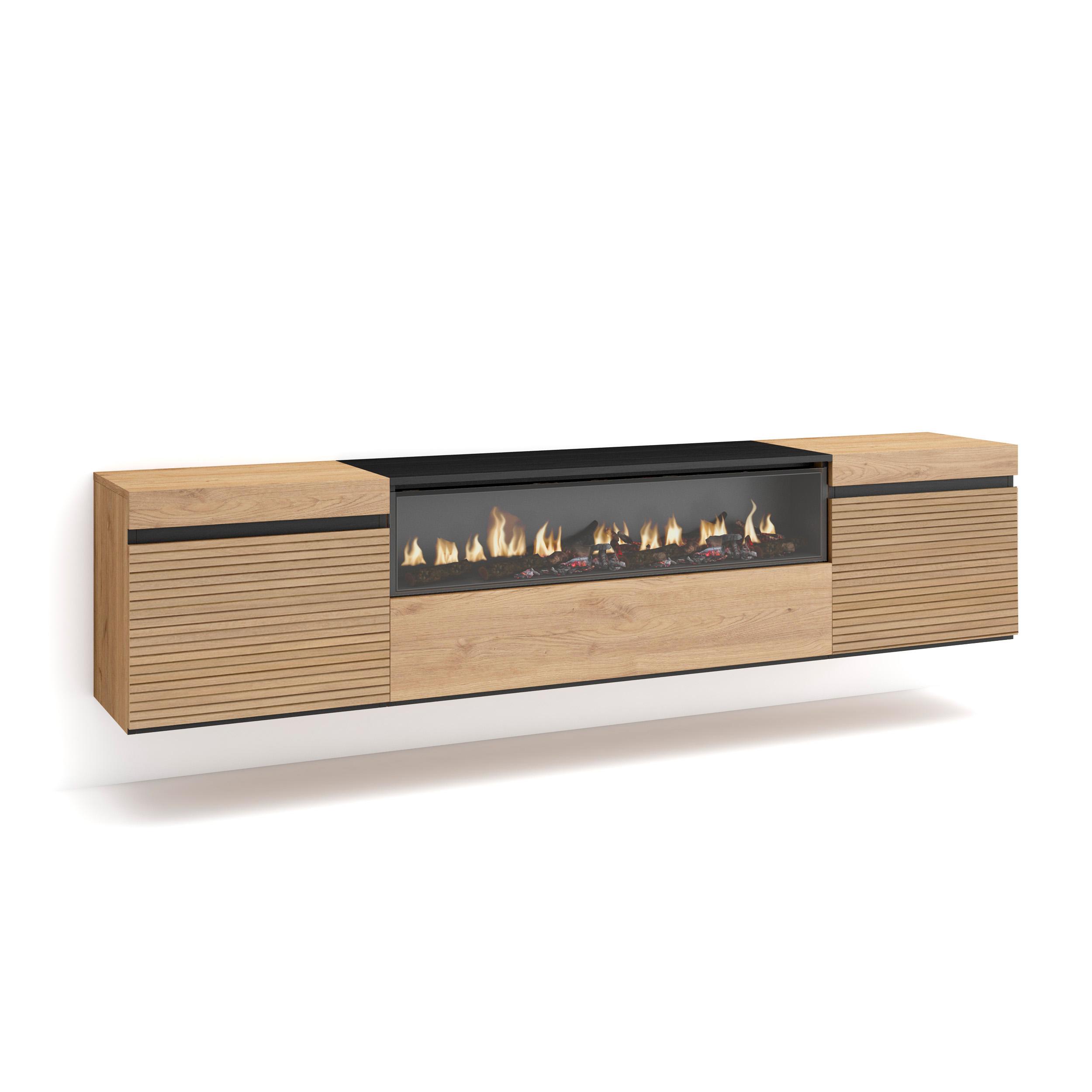Skraut Home, Mueble TV, Televisión, Muebles de salón, almacenaje, 200x35x45cm, Para TV hasta 80", Chimenea eléctrica, Colgado, color Roble