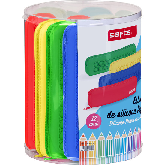 SAFTA - Pack 12 Estuches de SILICONA Contenido SURTIDO -  Presentado en una caja cilindrica de PVC transparente - Alta durabilidad y máxima resistencia