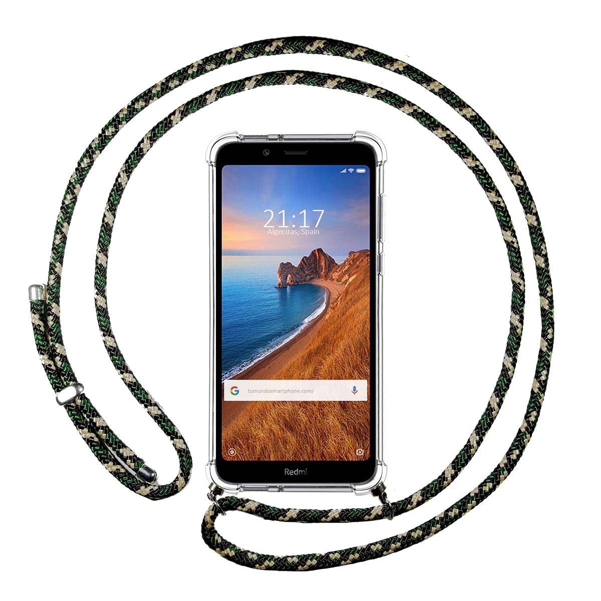 Tumundosmartphone Funda Colgante Transparente para Xiaomi Redmi 7A con Cordon Verde / Dorado