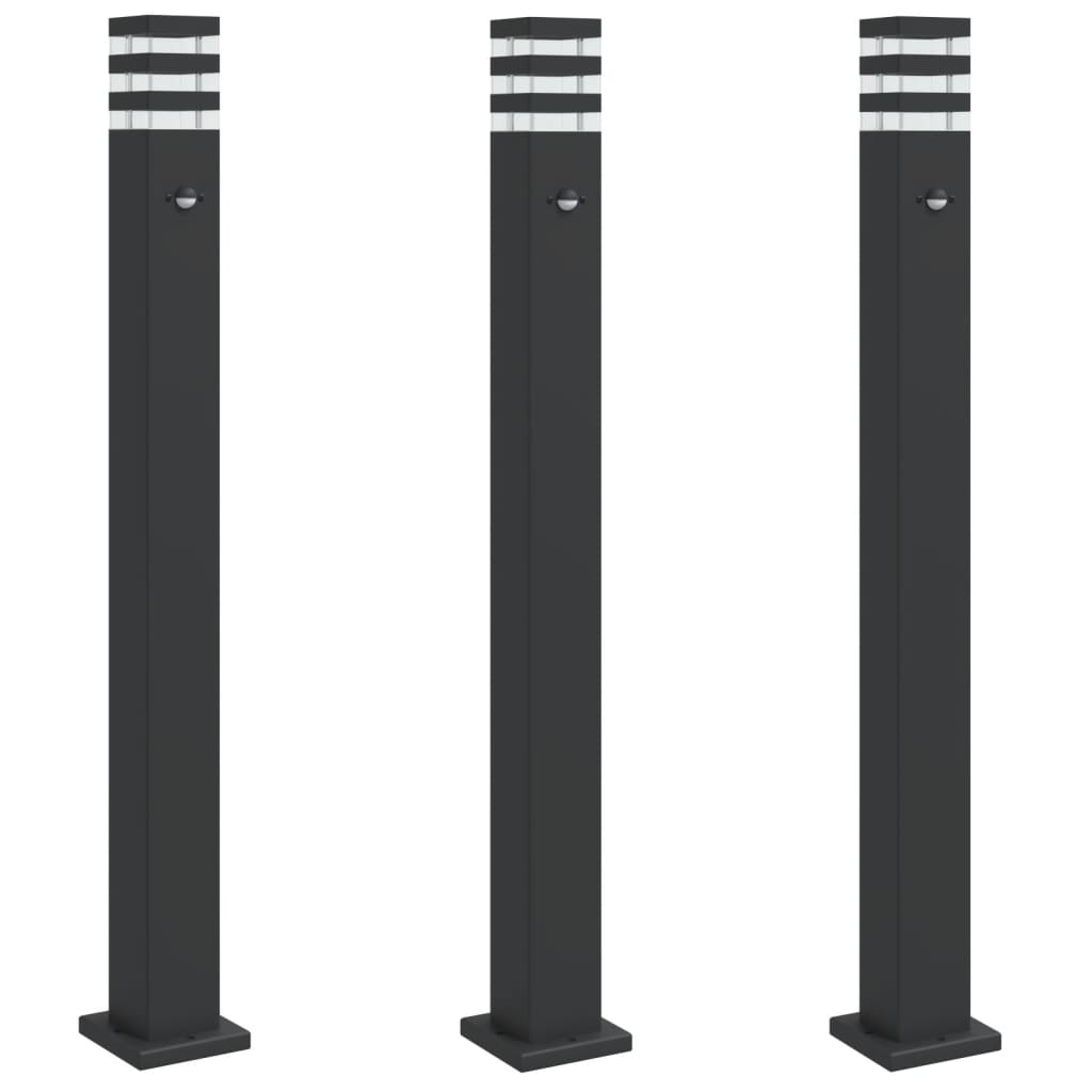 vidaXL Lámparas suelo exterior con sensor (3 unidades) aluminio negro Dimensiones 50 cm, 80 cm, 110 cm