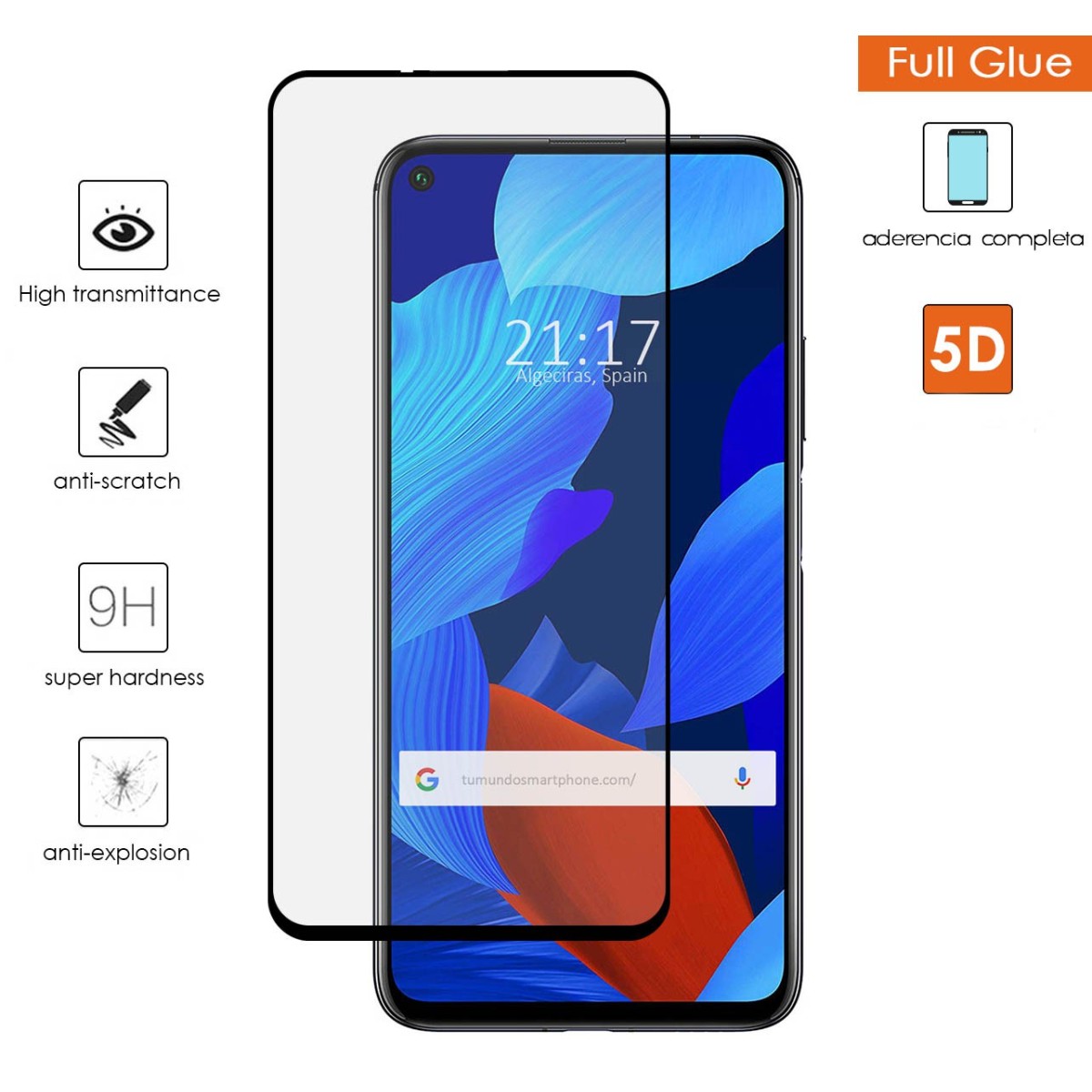 Tumundosmartphone Protector Cristal Templado Completo 5D Full Glue Negro para Huawei Nova 5T / Honor 20 Vidrio