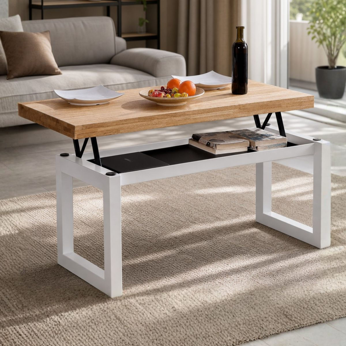 Mesa de centro elevable Loft con hueco de almacenaje roble 47,5-62x120x60 cm Adec
