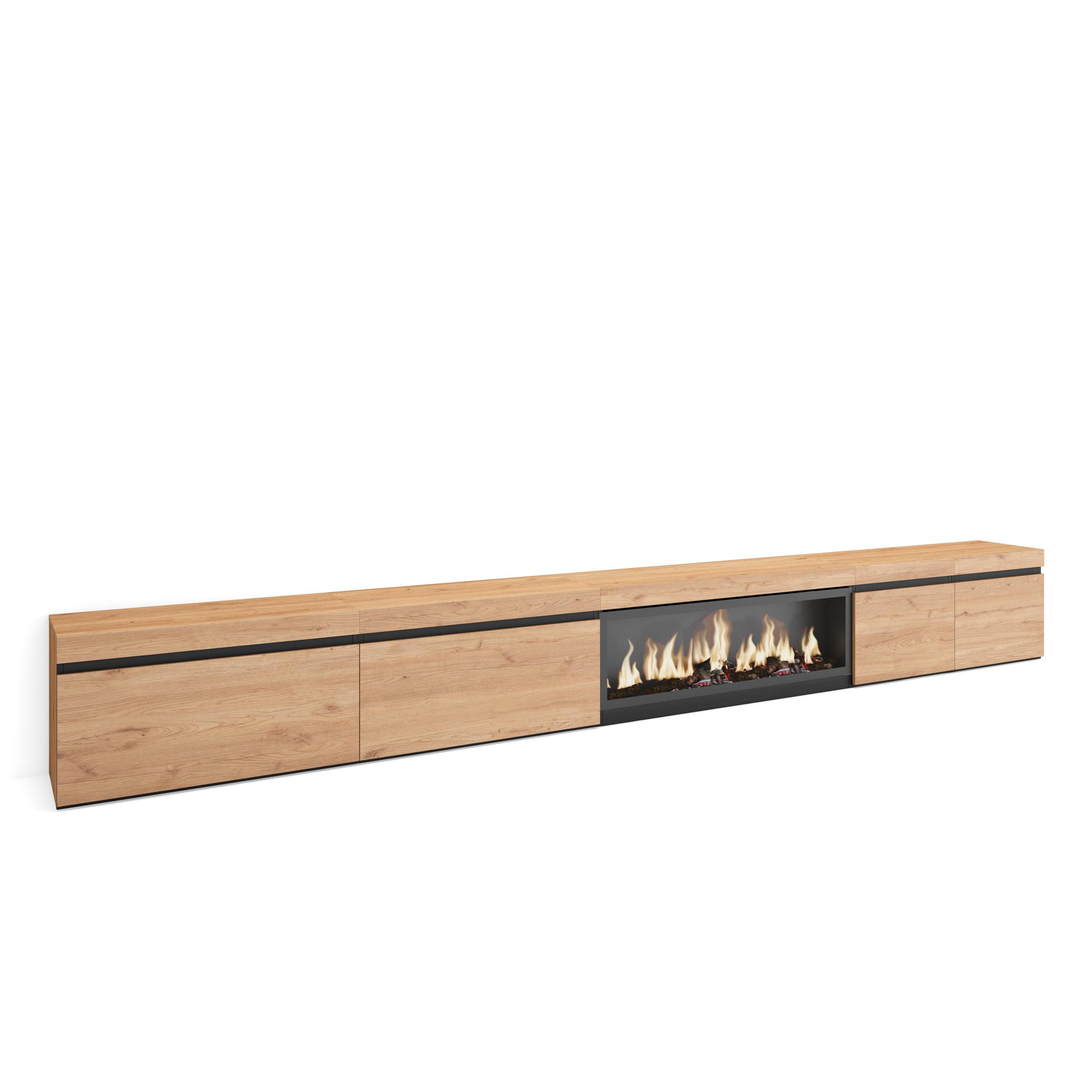 Skraut Home, Mueble TV, Televisión, Muebles de salón, 368x35x45cm, Chimenea eléctrica XXL led efecto fuego 3d- acabado color Roble