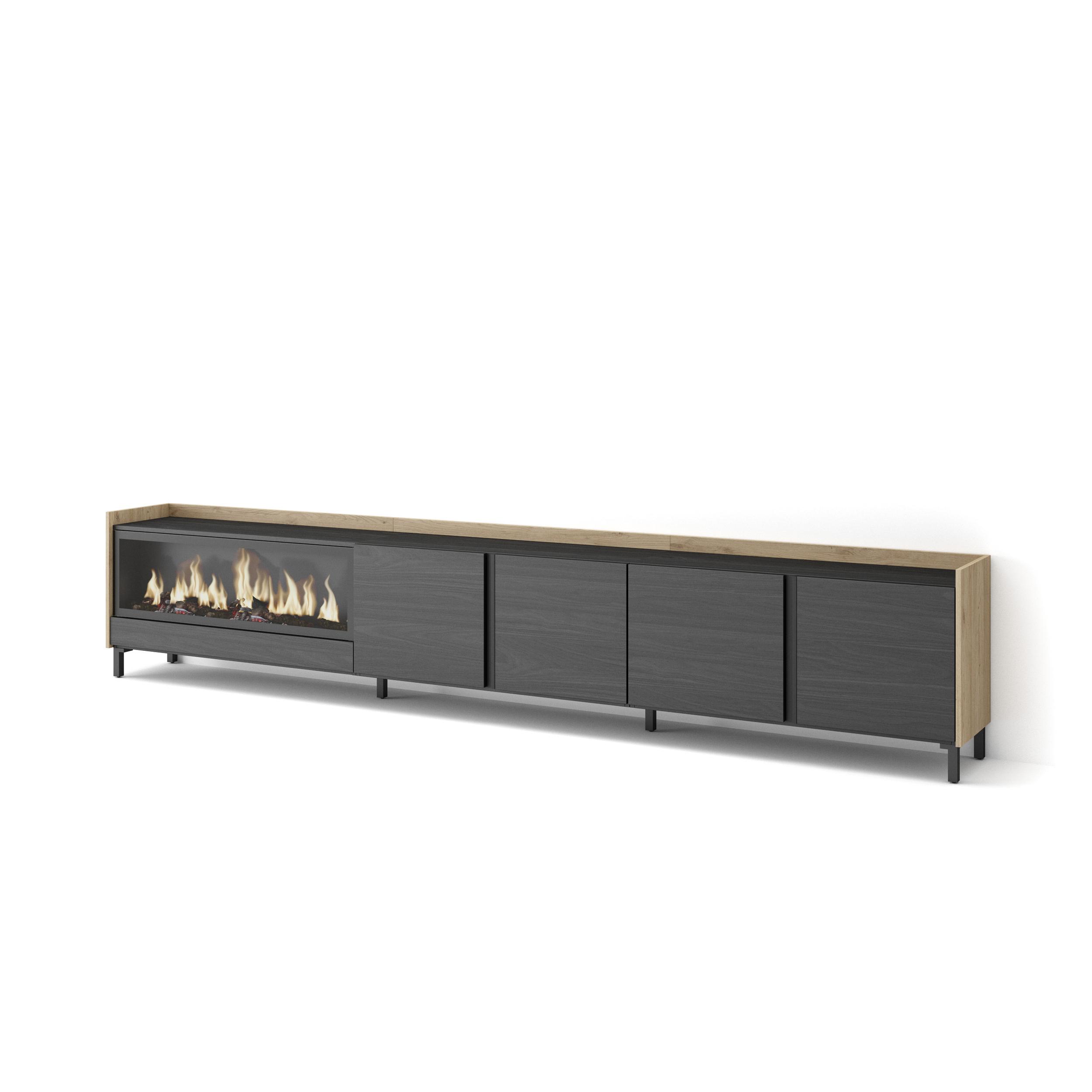 Mueble TV, Televisión, 315x35x61cm, Para TV hasta 80", Chimenea eléctrica XXL, Diseño industrial