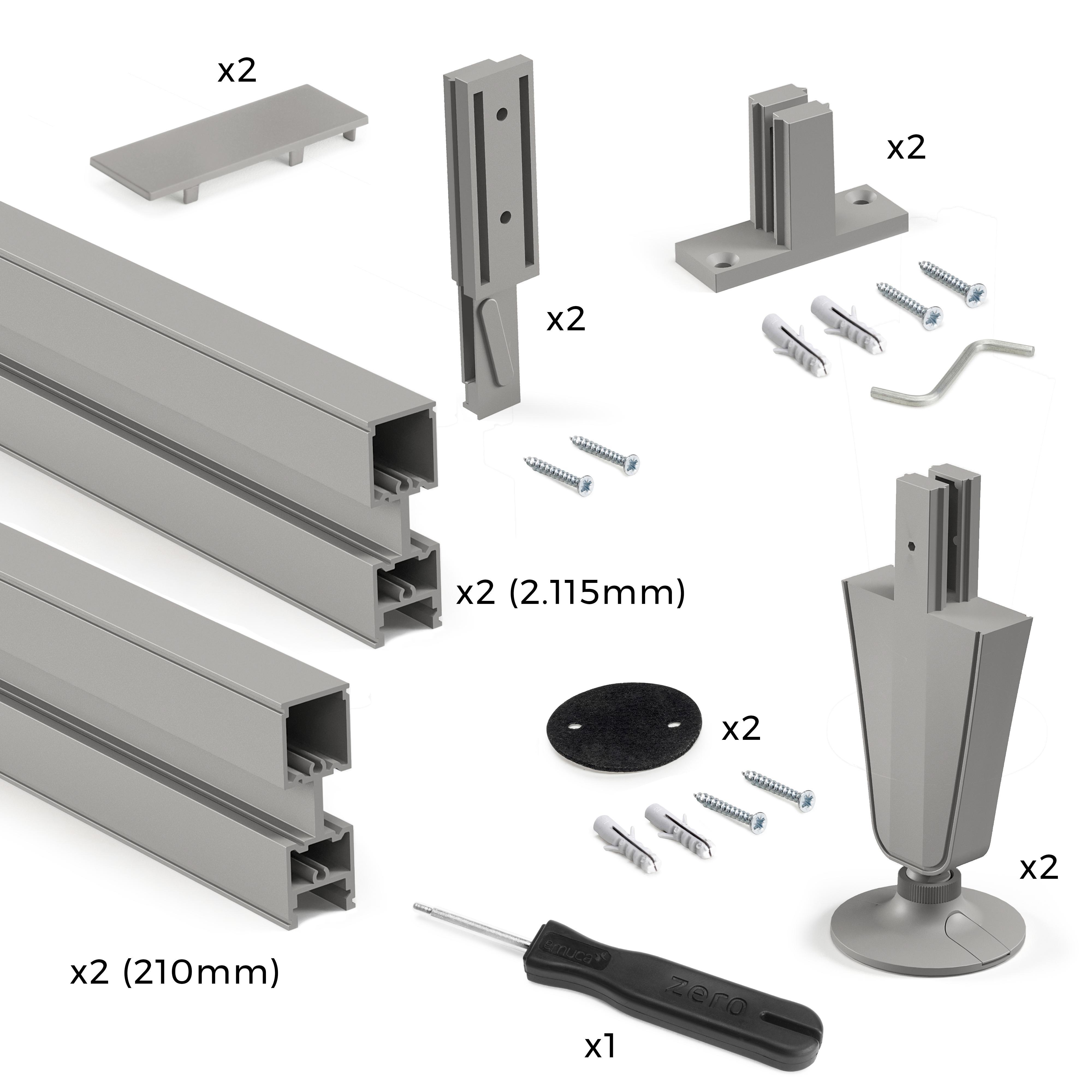 Lote de 2 estructuras zero con herrajes y perfiles para montaje al suelo y a pared con nivelador circular, aluminio y zamak, gris piedra