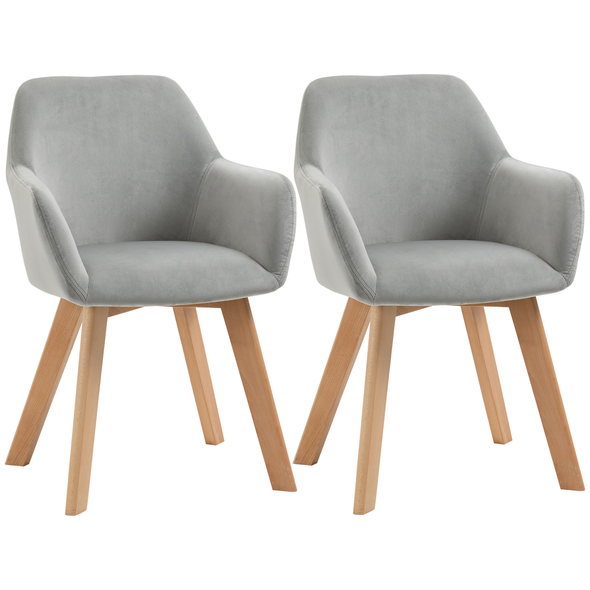 HOMCOM Pack de 2 Sillas de Comedor Modernas, Sillas de Cocina Tapizado en Terciopelo, con Respaldo, Reposabrazos y Patas de Madera, Carga 120 kg, para Salón, Dormitorio, 54x57x80 cm, Gris