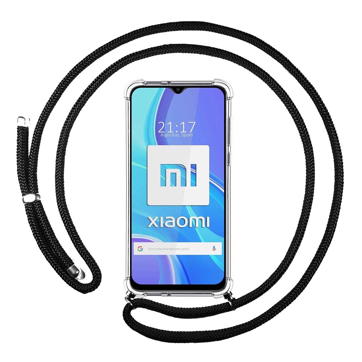 Tumundosmartphone Funda Colgante Transparente para Xiaomi Redmi 9 con Cordon Negro