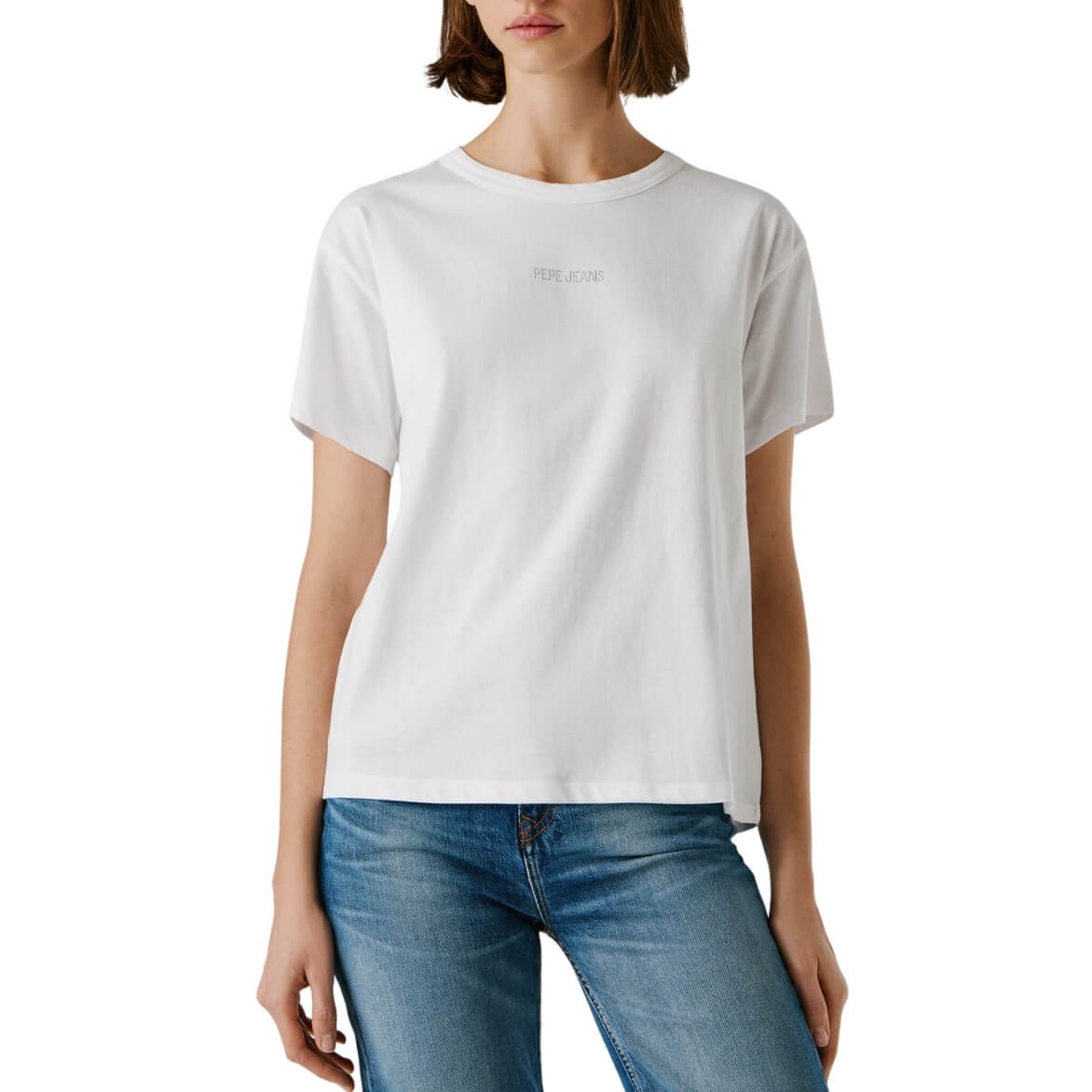 Camiseta Básica Mia Blanca Con Logo En Strass De