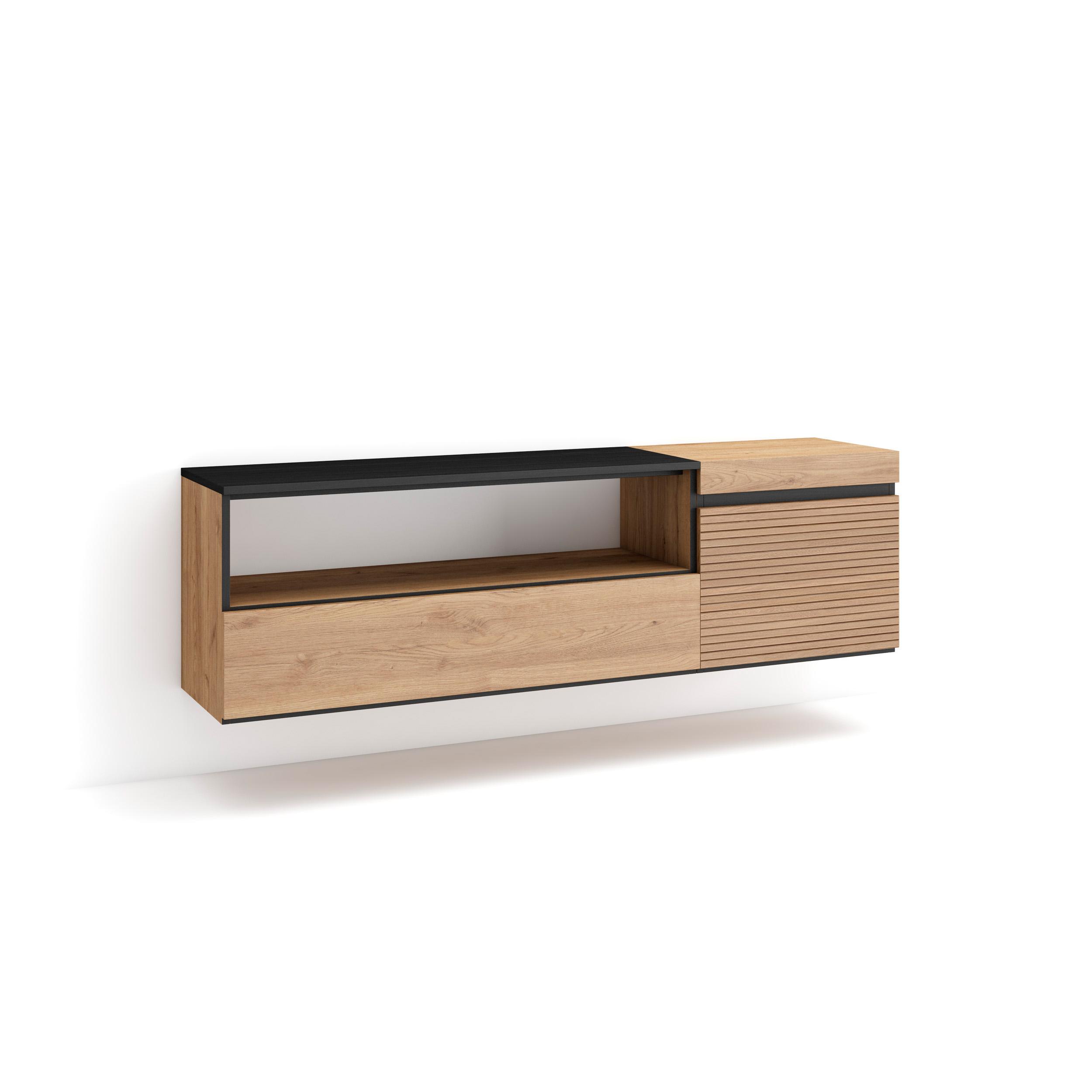 Skraut Home, Mueble TV con dos puertas para almacenaje, 150x45x35cm, Colgado, Suspendido, Moderno, color Roble