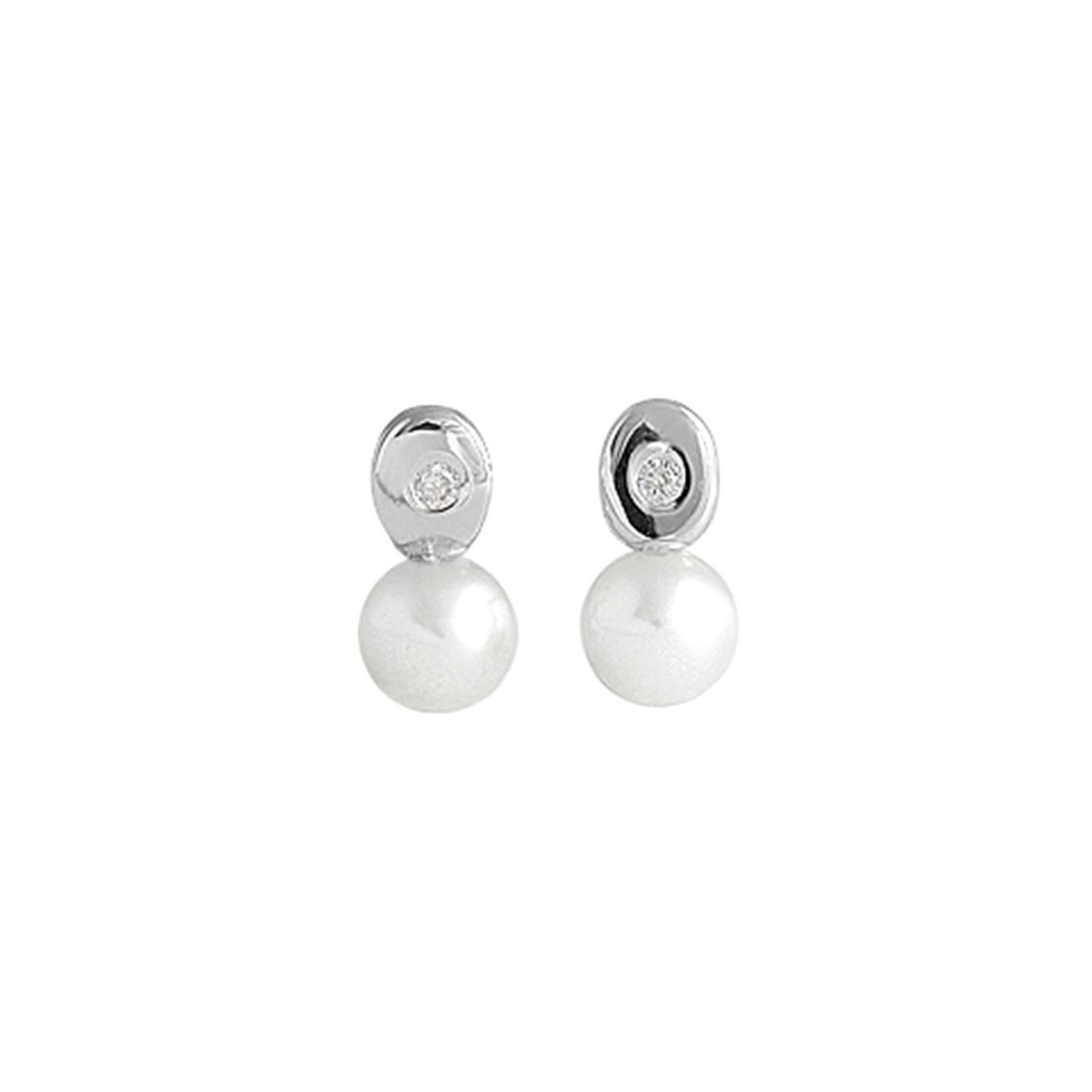 Pendientes oro blanco 18k mujer 8 mm. ovalados diamantes centro 0.02ct. perlas cultivadas 5 mm.