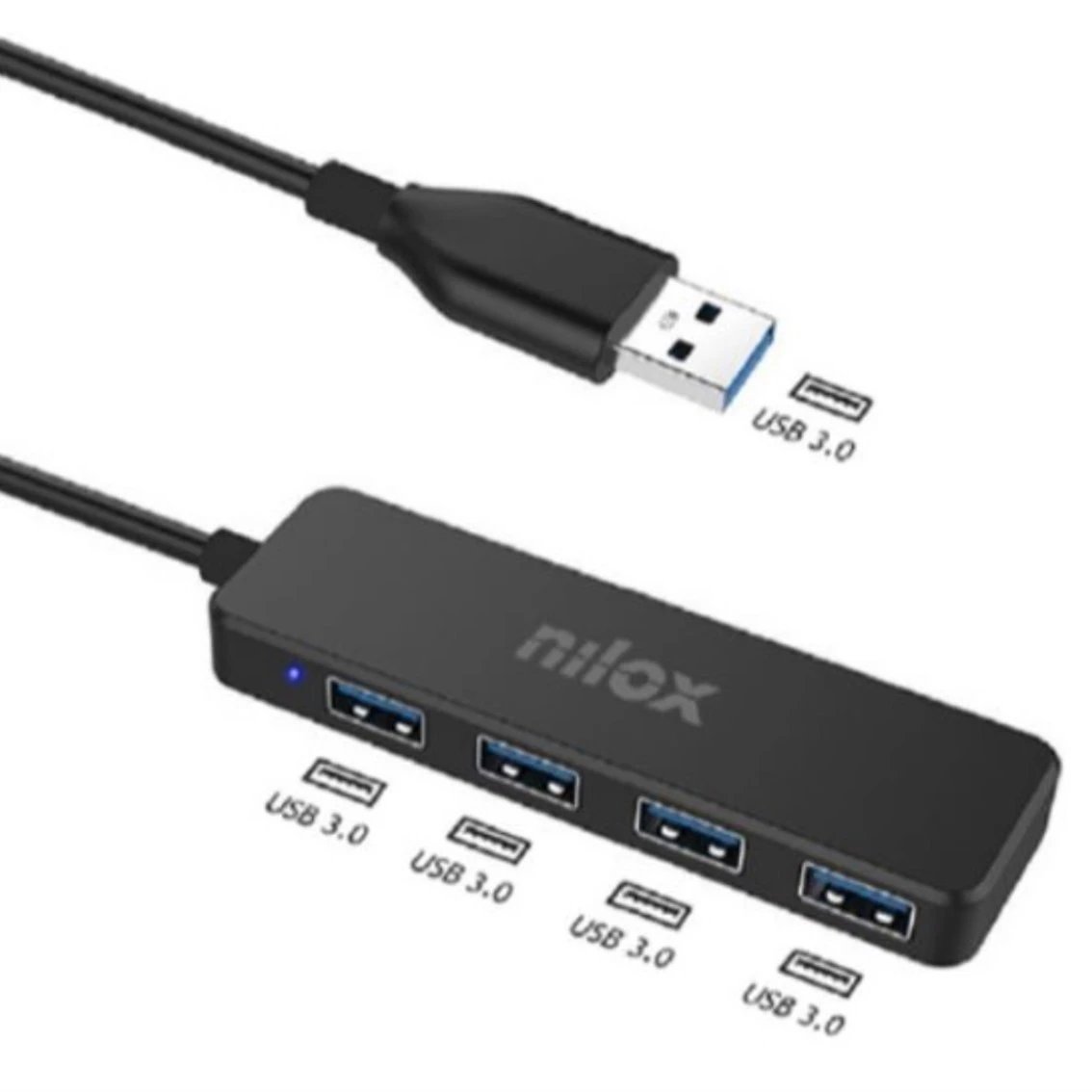Nilox - Hub USB 3.0 NXHUB402 con 4 puertos para expansión de conectividad, fabricado en aluminio negro y compatible con discos y periféricos