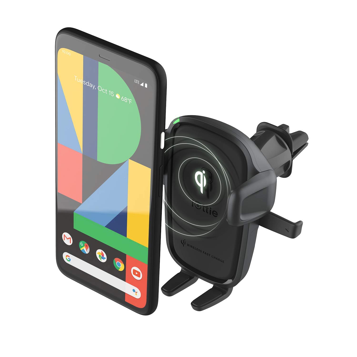 iOttie Easy One Touch 2 black wireless charger for smartphone, car charger with fast charging, USB power, and input voltage 12-24V, output voltage 12V for convenient charging in your vehicle.
