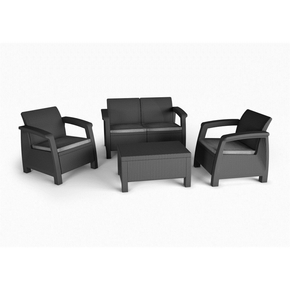 KETER Bahamas: Conjunto exterior de resina efecto ratán con cojines, sofá doble 127x70x79, 2 sillones 74x70x79, mesa 77x57x42.