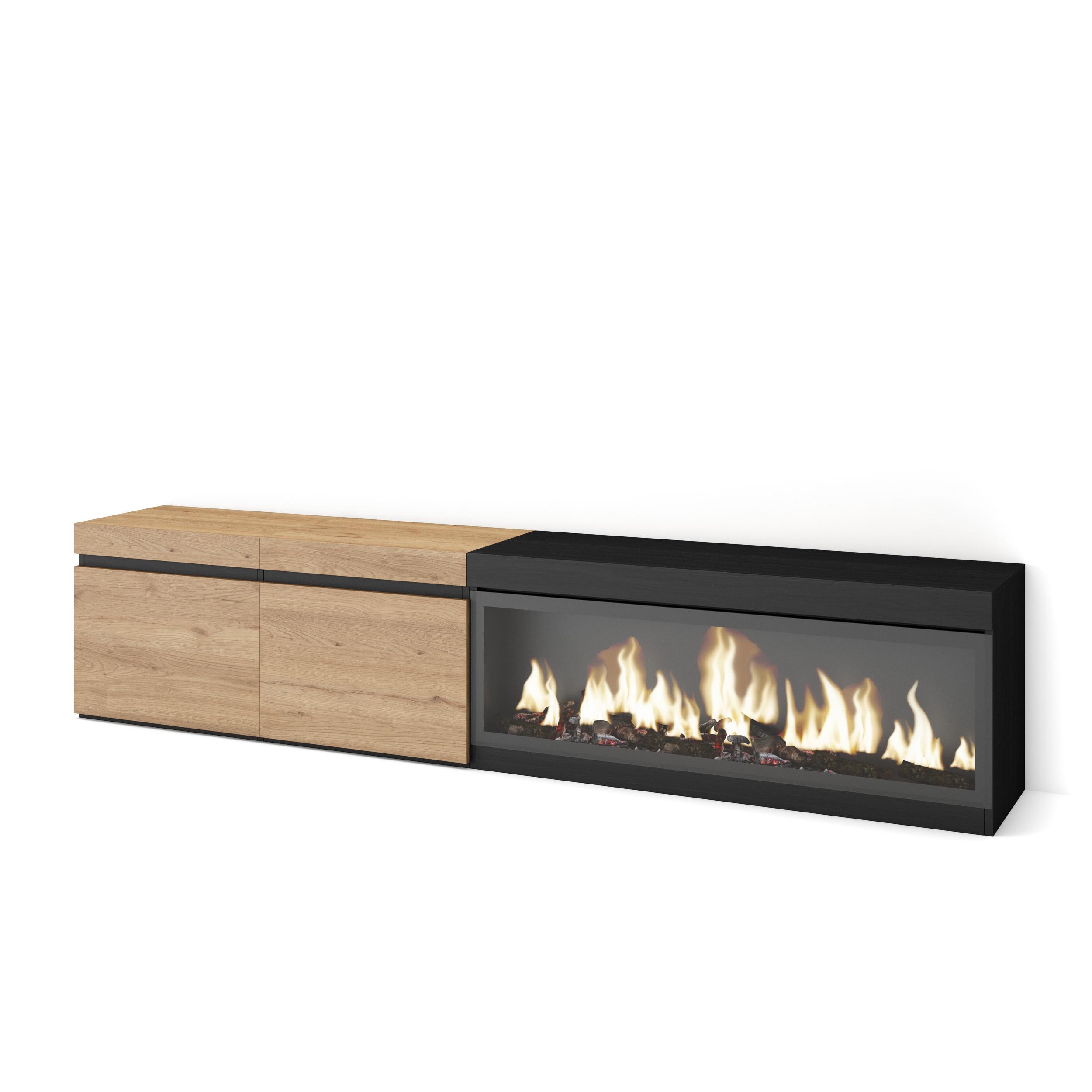 Skraut Home, Mueble Televisión, 208x35x45cm, Fuego Led XXL efecto 3D, Veteado de madera, Tacto poroso de alta calidad