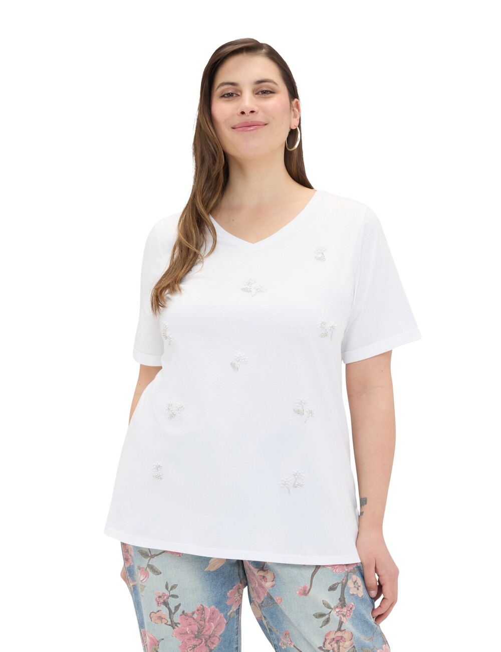 Fiorella Rubino - Camiseta de algodón con flores de cuentas