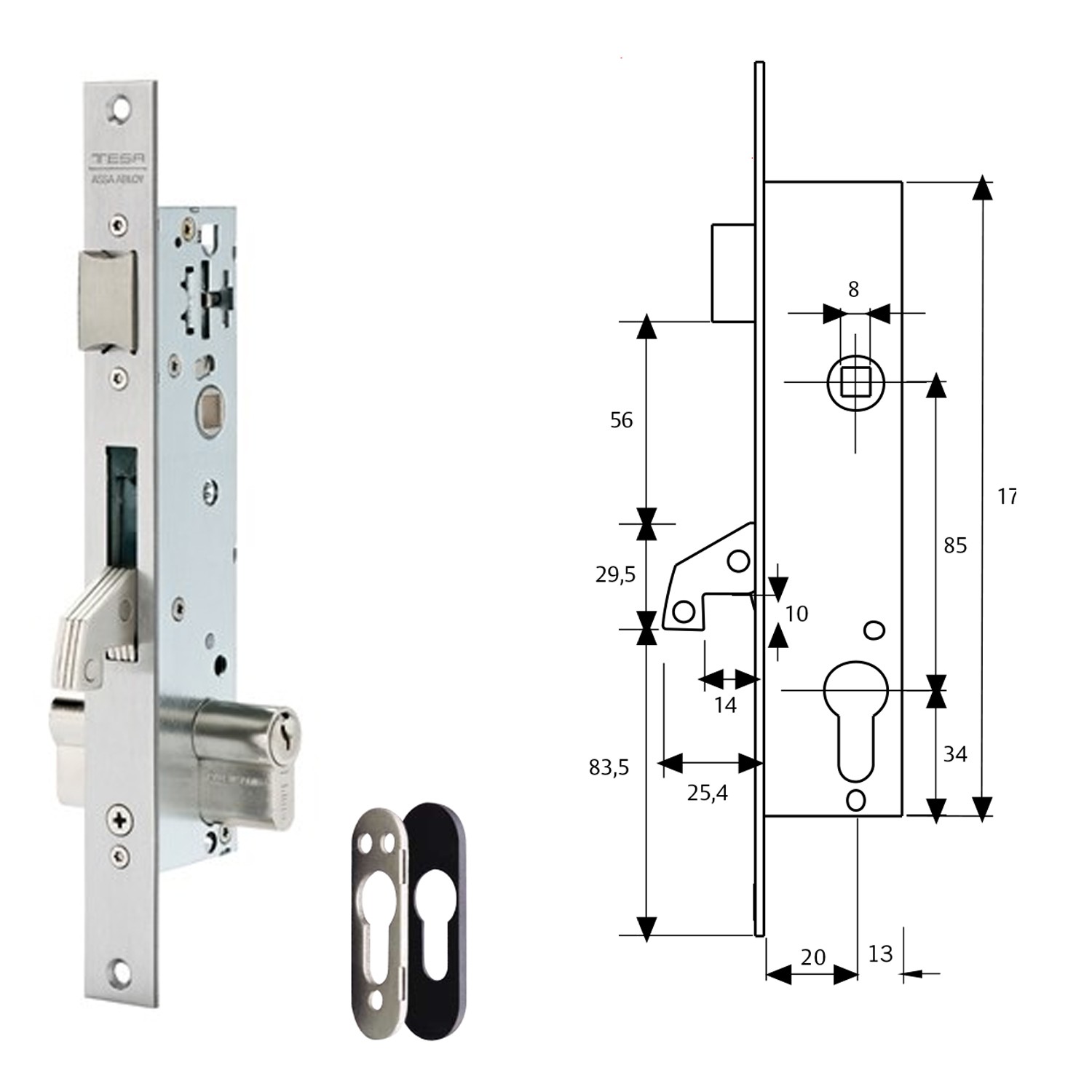 SANCO STORE - TESA Cerradura Tesa 2240/20/3NI Con Escudo de Seguridad E190 con Palanca Basculante Gancho Reforzado