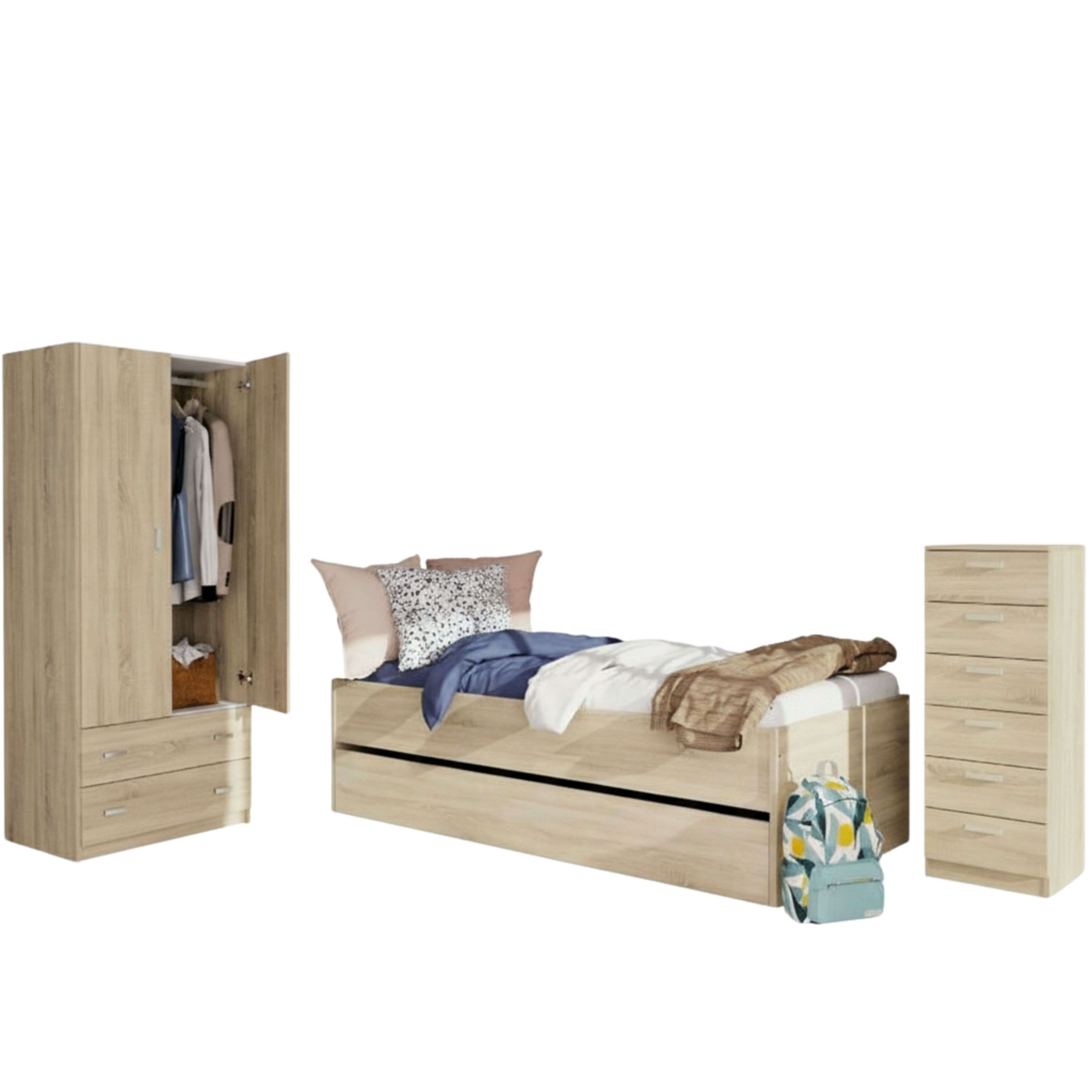 Miroytengo Pack Muebles Dormitorio Juvenil Tibet Estilo Natural en Color Roble Cambrian (Cama + Armario + Cómoda)