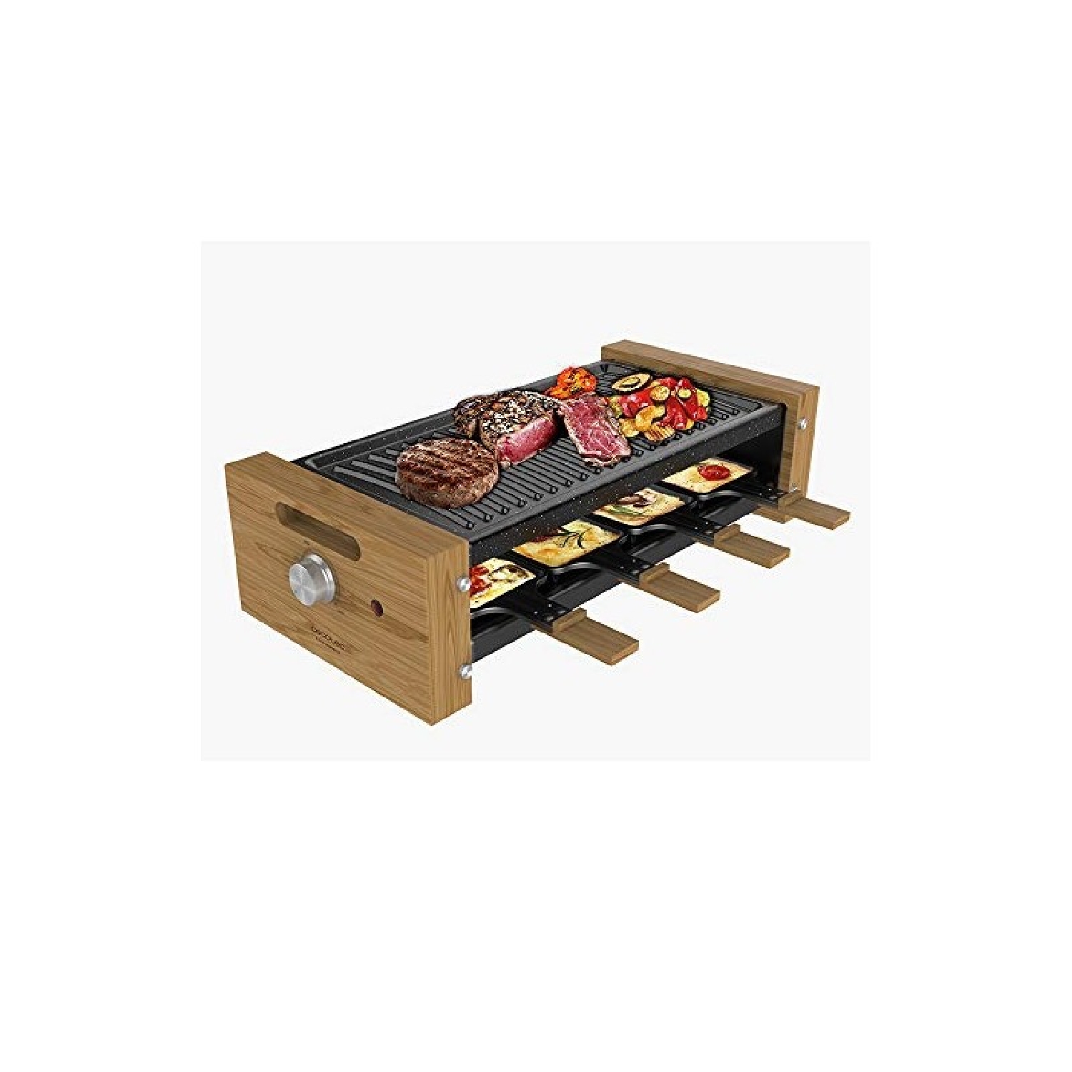 Cecotec Raclette de madera Cheese&Grill 8200 Wood Black. 1200 W, Superficie Grill, 8 Sartenes individuales, Placa antiadherente