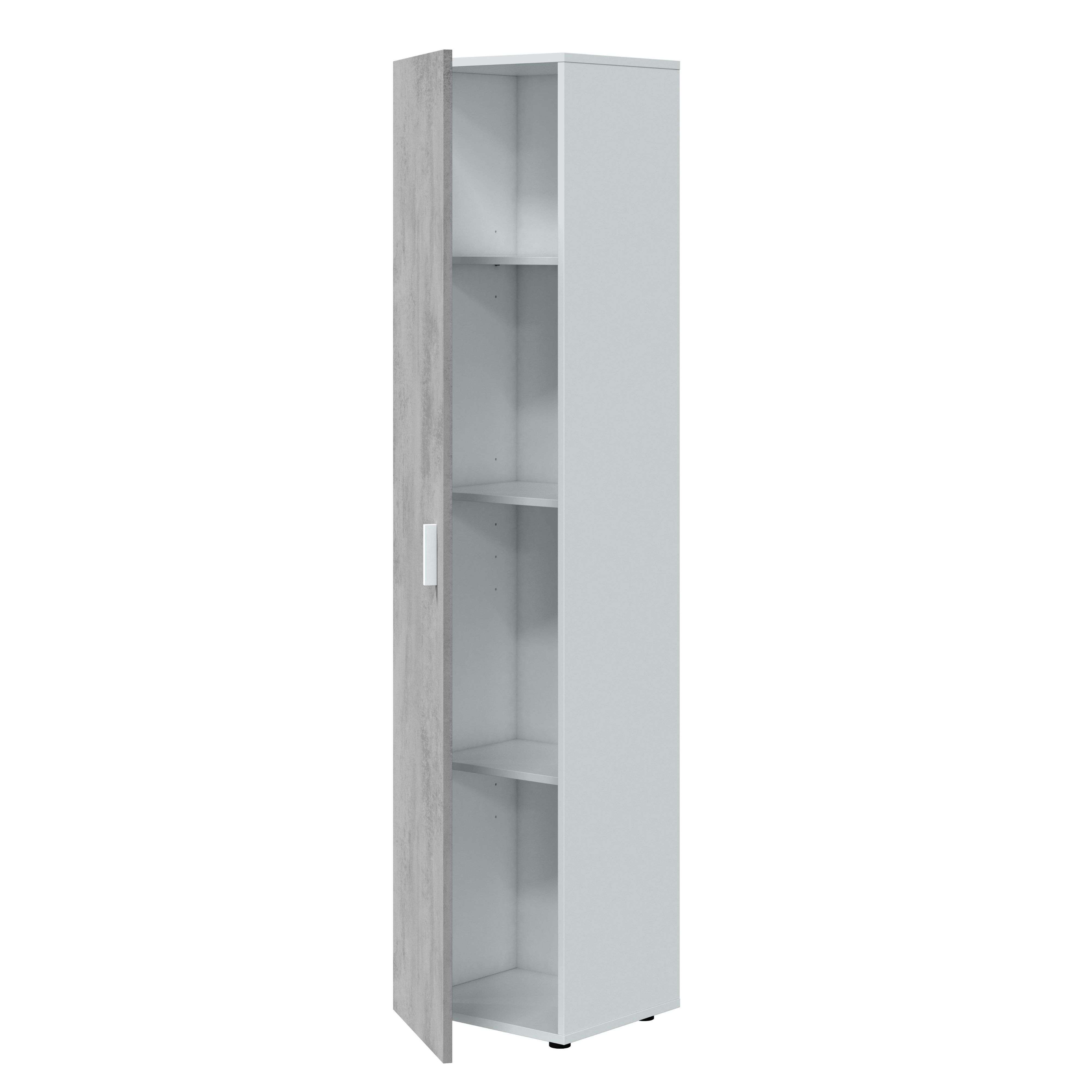 Miroytengo Armario multiusos alto 1 puerta 3 estantes columna auxiliar color blanco Artik y gris cemento 182x41x37 cm