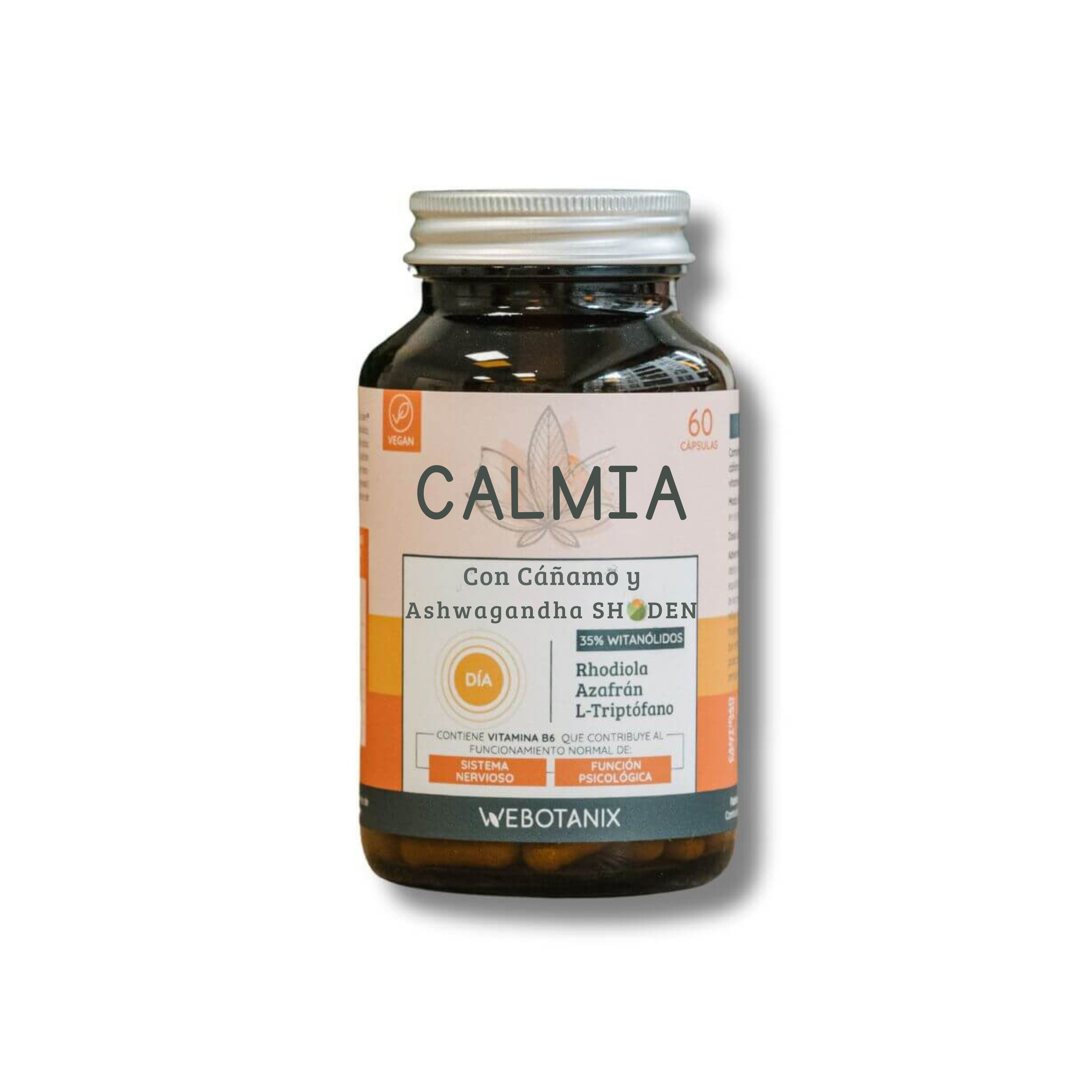 WeBotanix  Calmia Día 60 Cápsulas Naturales  Ashwagandha + Rhodiola + Azafrán + L-Triptófano + Cáñamo + B6  Antiestrés y Anti Ansiedad Natural  Energía y Concentración  Vegano