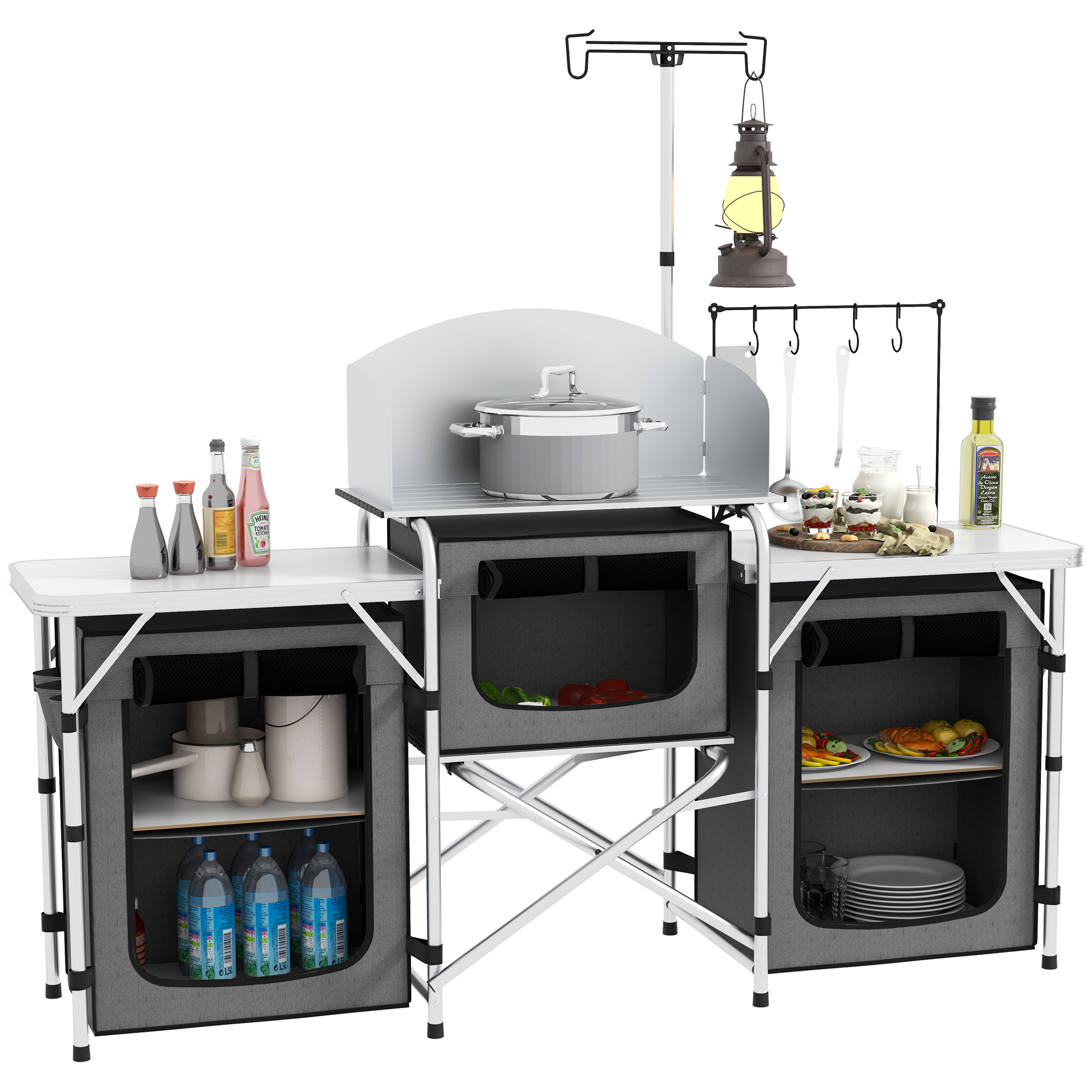 Outsunny Mueble Cocina Camping Armario Camping Plegable con Mesas Armarios Ganchos Estructura de Aluminio Poste de Luz Ajustable Paravientos y Bolsa de Transporte para Acampada 172x48x130 cm Gris