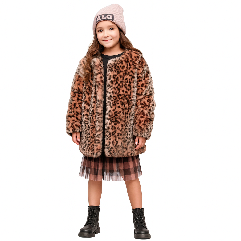 Abrigo Pelo Estampado Leopardo Rosa Niña y Mujer · Petit Alo · 100% Poliéster · Elegante, Muy Abrigado, Lavable