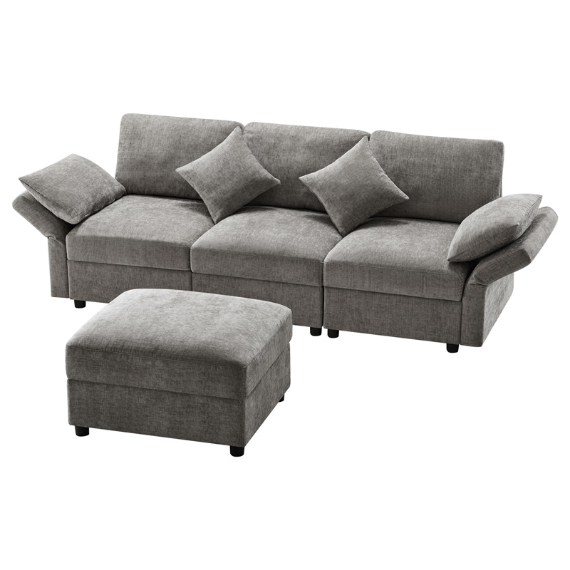 Canapé d’angle gris en chenille avec ottoman mobile, quatre coussins et accoudoirs réglables