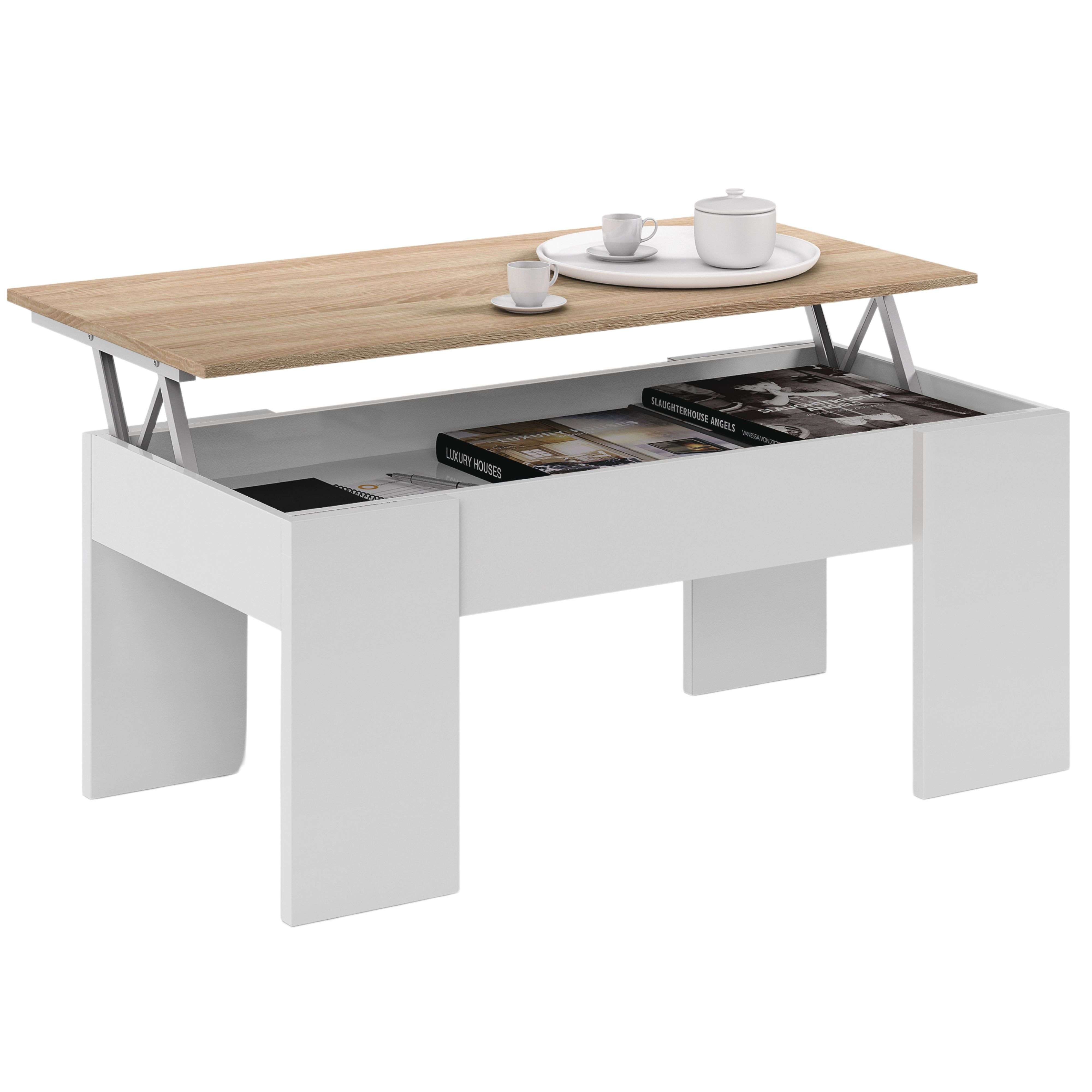 Miroytengo Mesa Centro Salón Comedor elevable Roble canadian y Blanco artik 43x102x50 cm