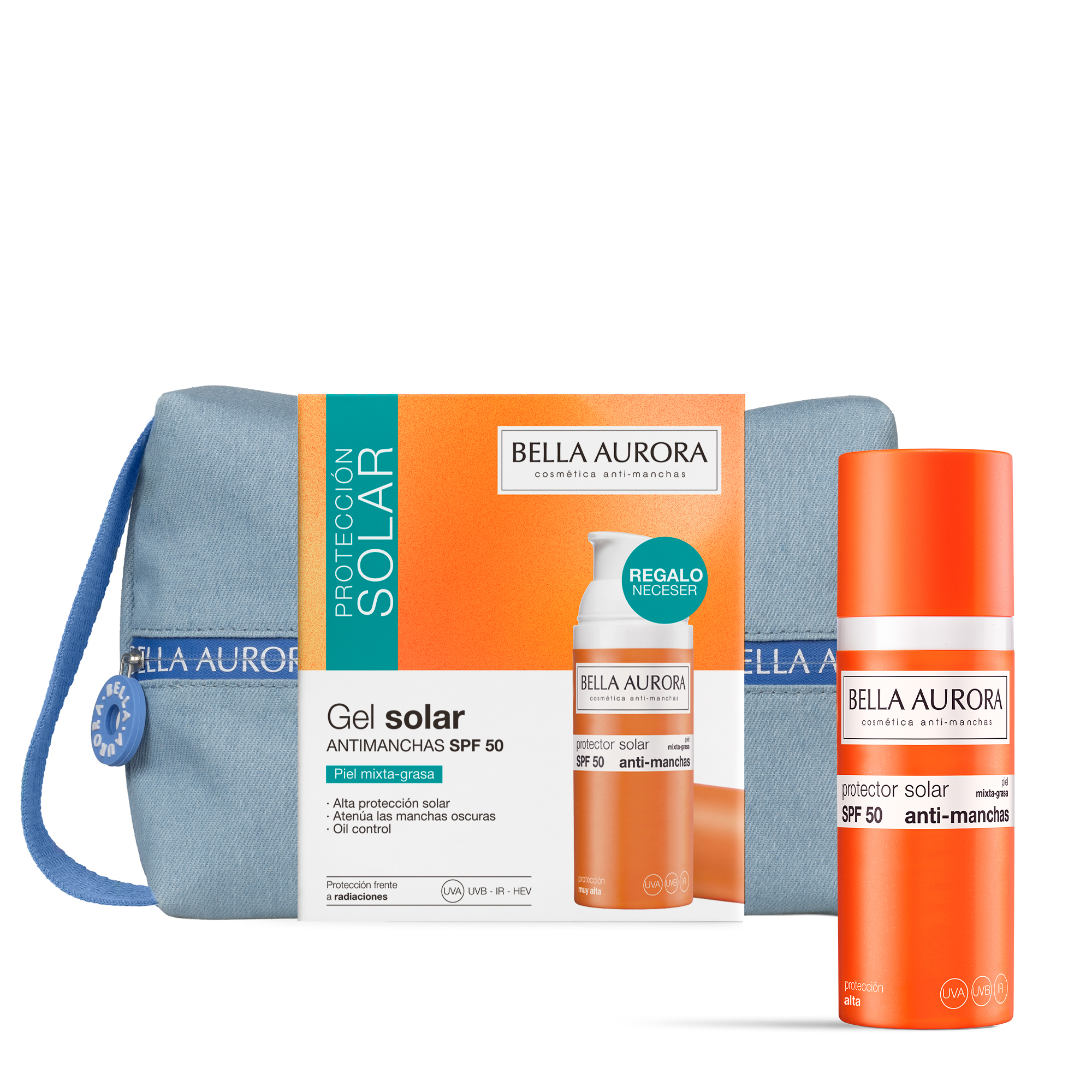 Bella Aurora Pack Crema Solar Antimanchas SPF 50 Piel Mixta-Grasa | Fotoprotección Facial UVA UVB IR HEV | Acabado Mate y Oil Control | Neceser de Regalo | 50 ml