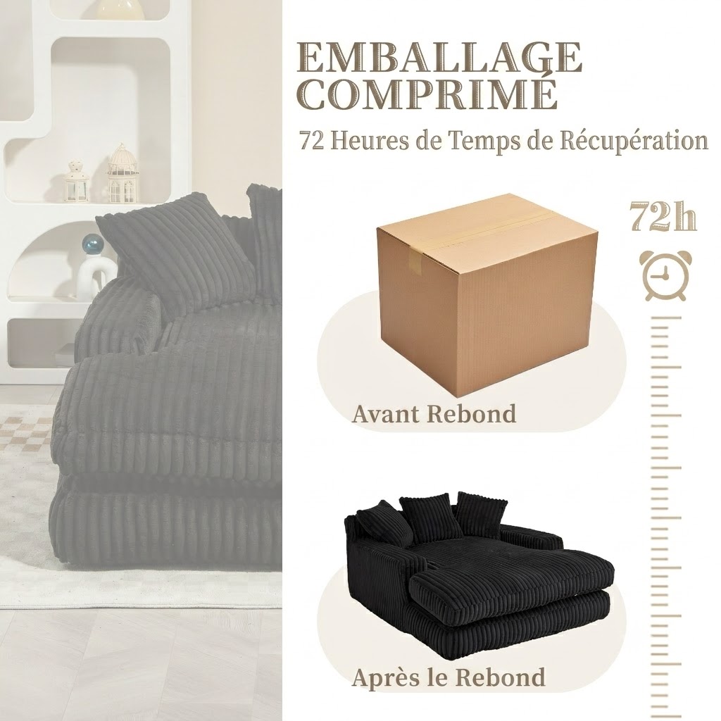 Fauteuil lounge individuel noir en velours côtelé avec 3 coussins, assise en mousse et design sans montage