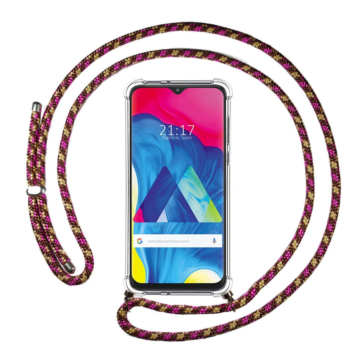 Tumundosmartphone Funda Colgante Transparente para Samsung Galaxy M10 con Cordon Rosa / Dorado