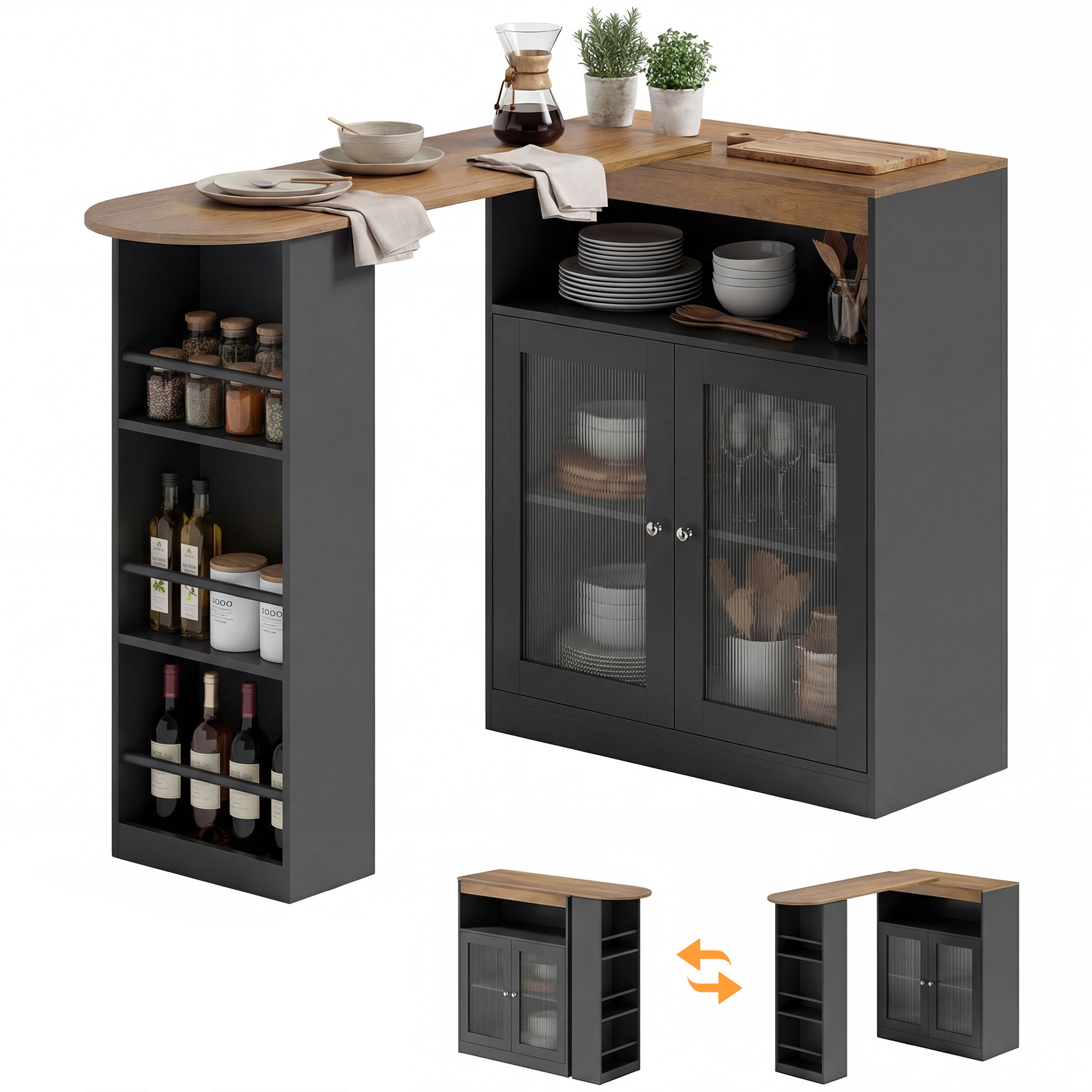 HOMCOM Mesa de Bar Extensible y Giratoria 90°, Mesa Alta Cocina con Estantes Abiertos y 2 Puertas de Vidrio para Comedor, 150x80x105,5 cm