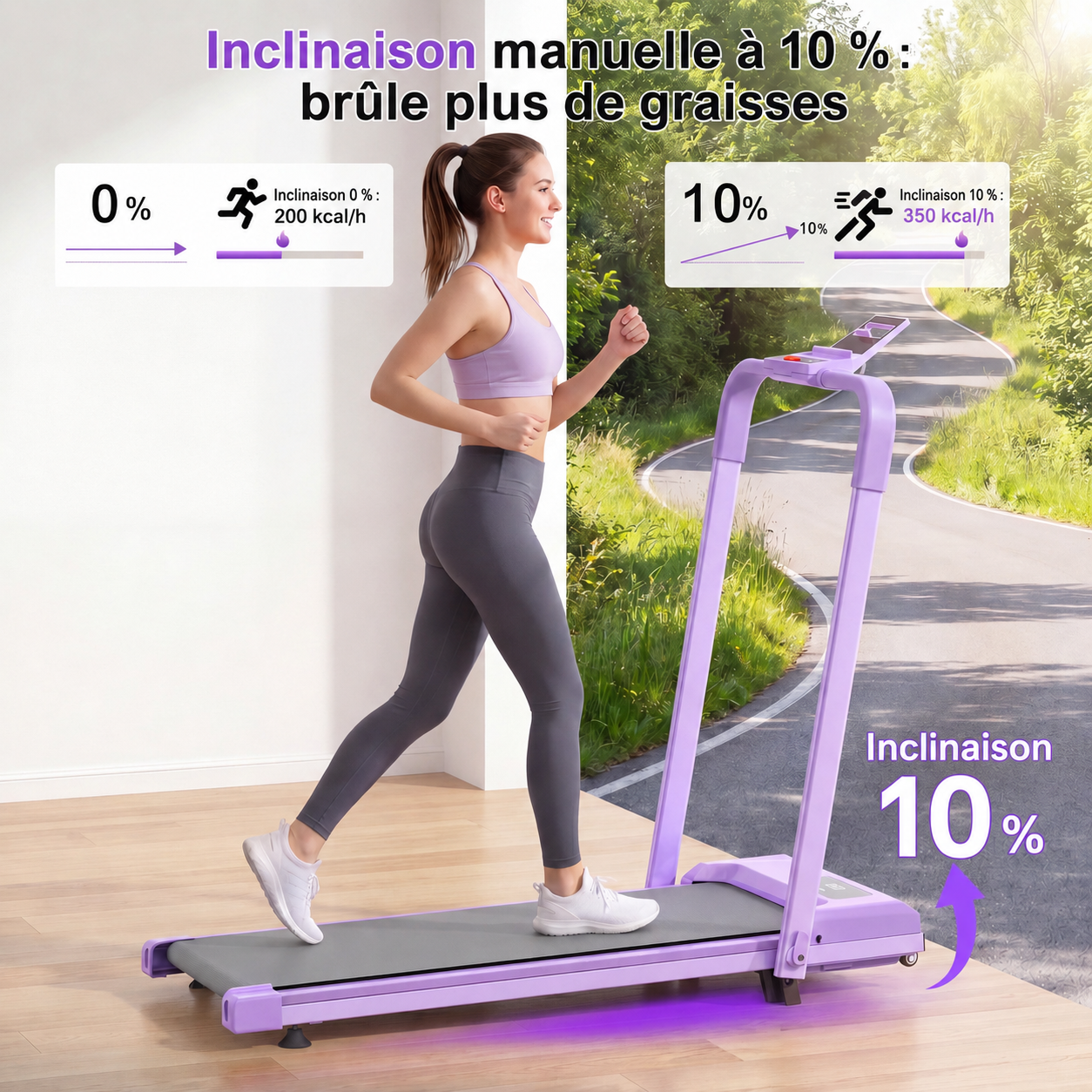 Tapis de course pliable violet 3-en-1 avec inclinaison, application compatible et charge maximale 120 kg