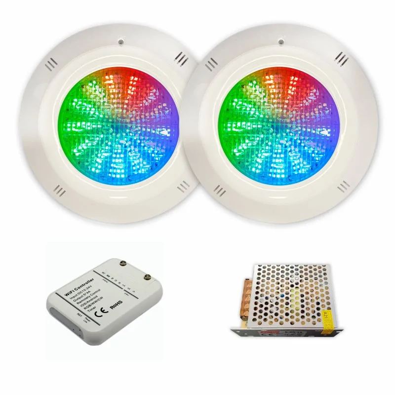 Swimhome PACK ILUMINACIÓN Wifi 2 Focos LED RGB para Piscina + Control Remoto Wifi Smartphone + Fuente de Alimentación 60W