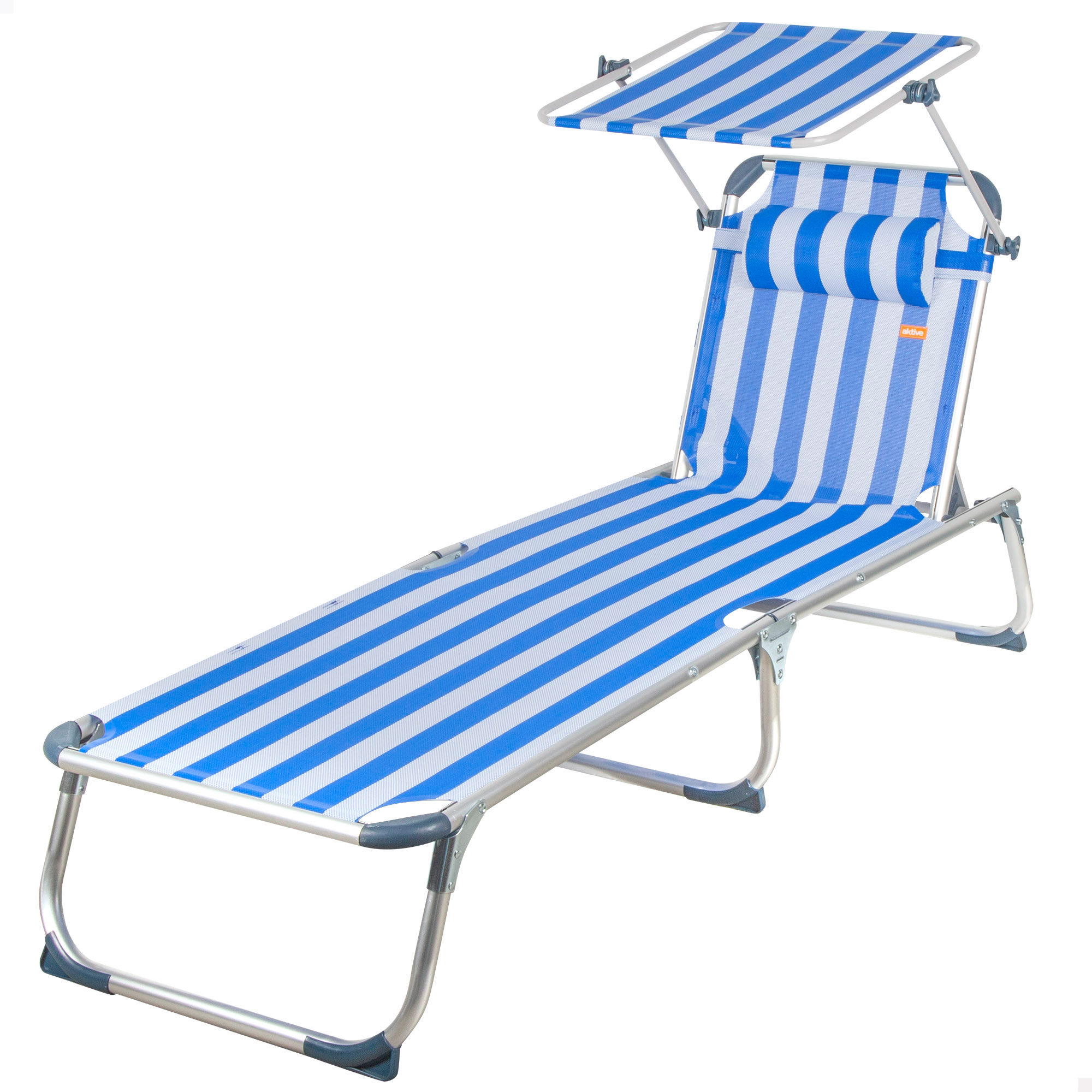 Aktive - Tumbona plegable playa, respaldo reclinable 5 posiciones, 186x49x30 cm, incluye parasol, aluminio y textileno, topes antivuelco, cojín acolchado, soporta peso máx. 110 kg, hamacas de playa plegables