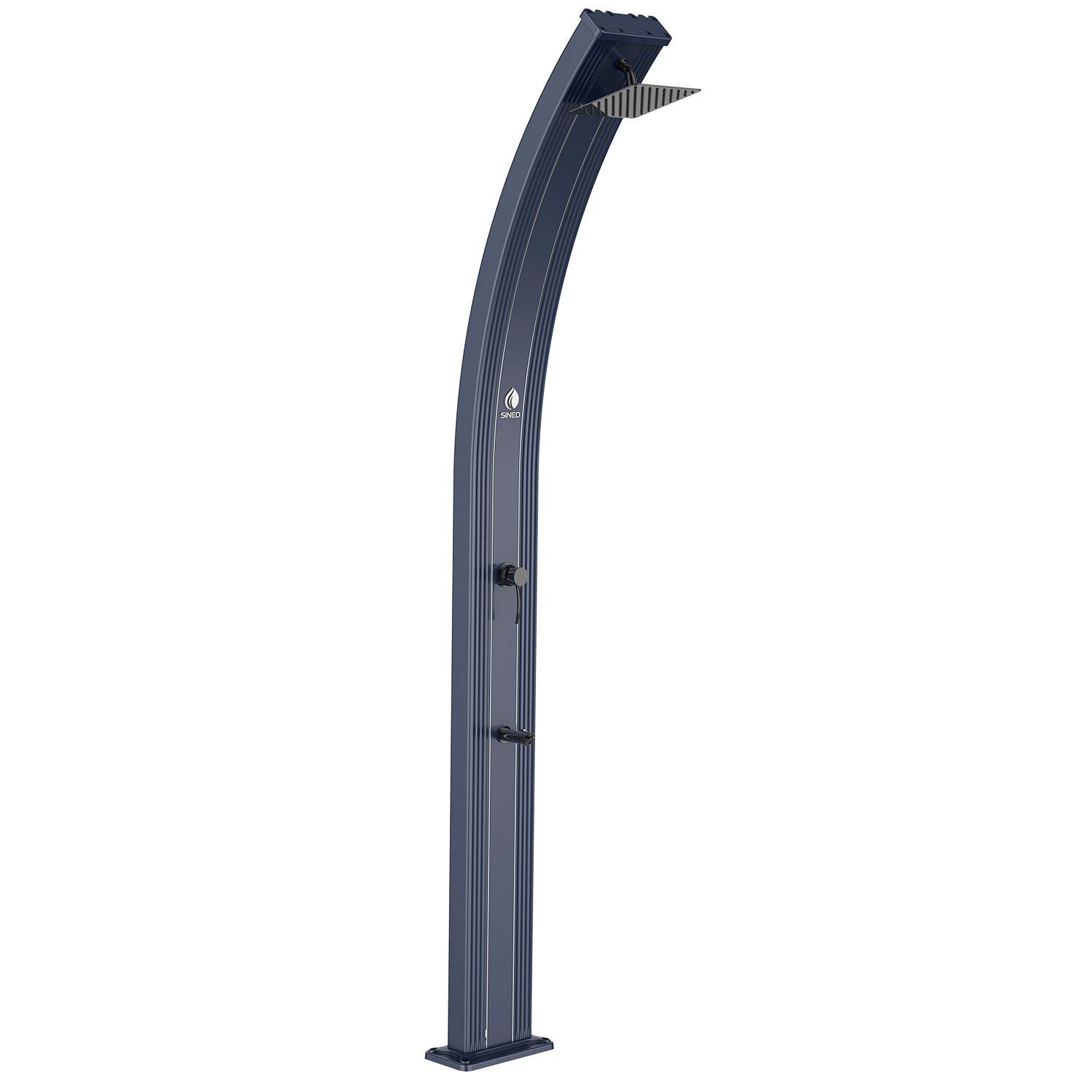 SINED Ducha Solar para Piscina Exterior en Gris Estructura Curva de Aluminio y Depósito de 30 Litros Altura 2254 cm Con Gran Alcachofa Cuadrada y Grifo Lavapies DOCCIALEAGRIGIA