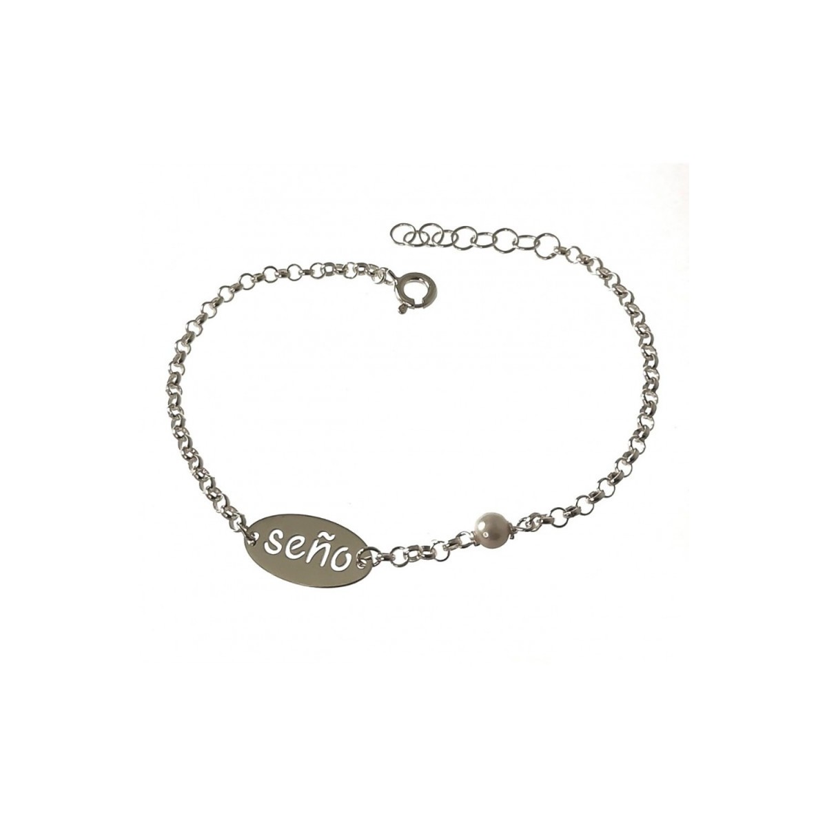 Pulsera plata Ley 925m cadena SEÑO rolo 17 cm. profe detalle perla chapa ovalada