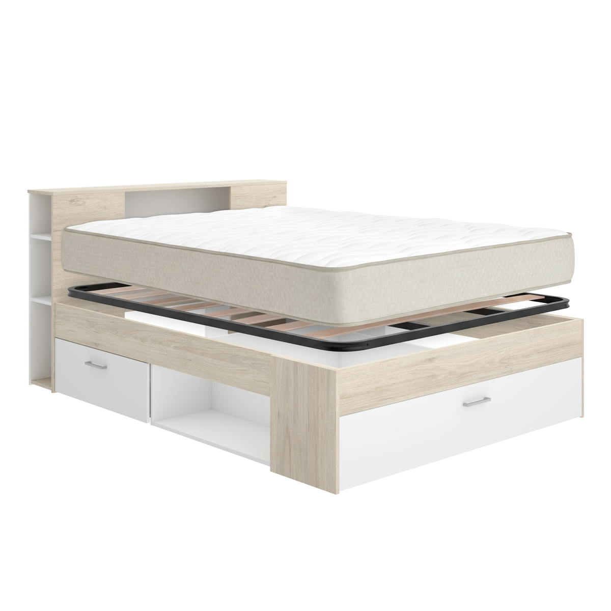 Pack ahorro matrimonio Cama Lanka Blanco/Roble con cabecero, Colchón Nova Plus y Somier 135 x 190 cm