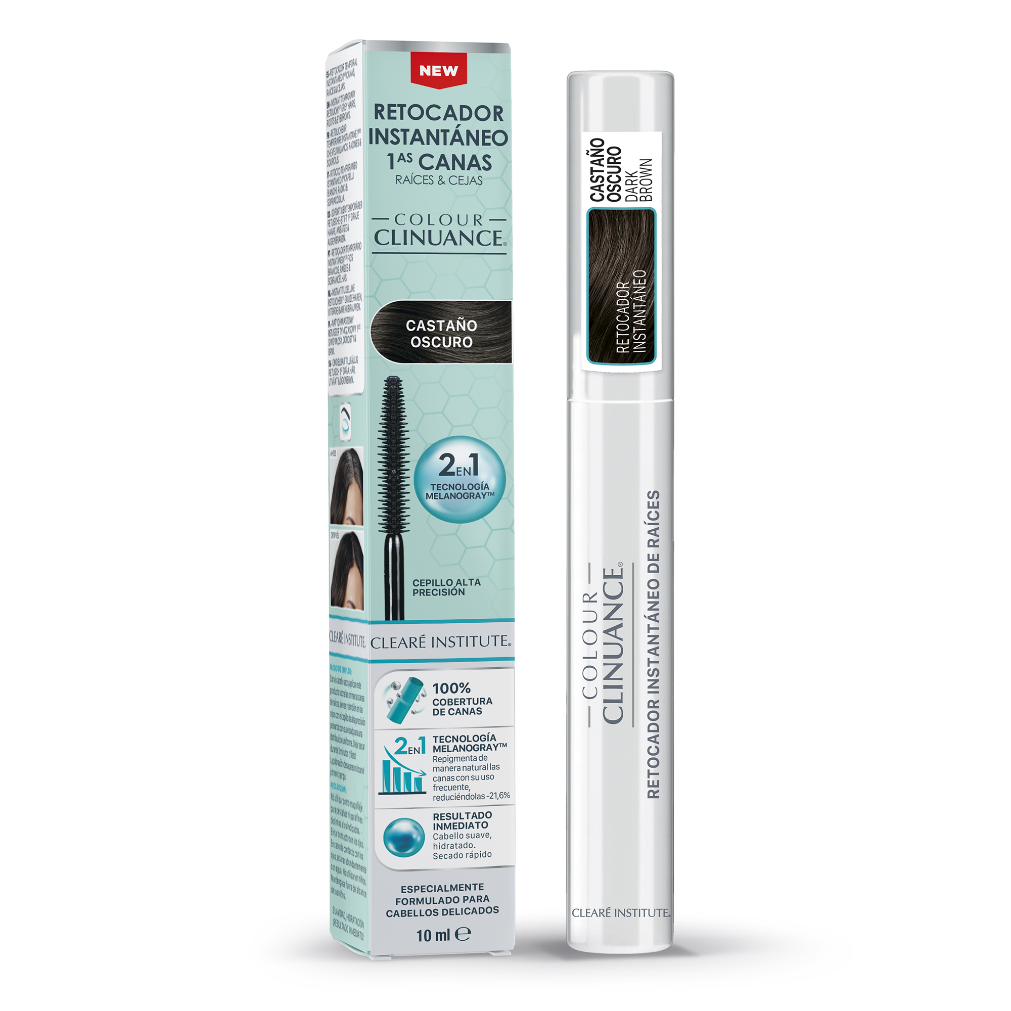 Clearé Institute Colour Clinuance Retocador Temporal Instantáneo de Primeras Canas, Raíces y Cejas | Cubre al 100% las canas | Previene la aparición de futuras canas | Aplicación fácil y rápida en solo 3 minutos | Disponible en 4 tonos - 10ml