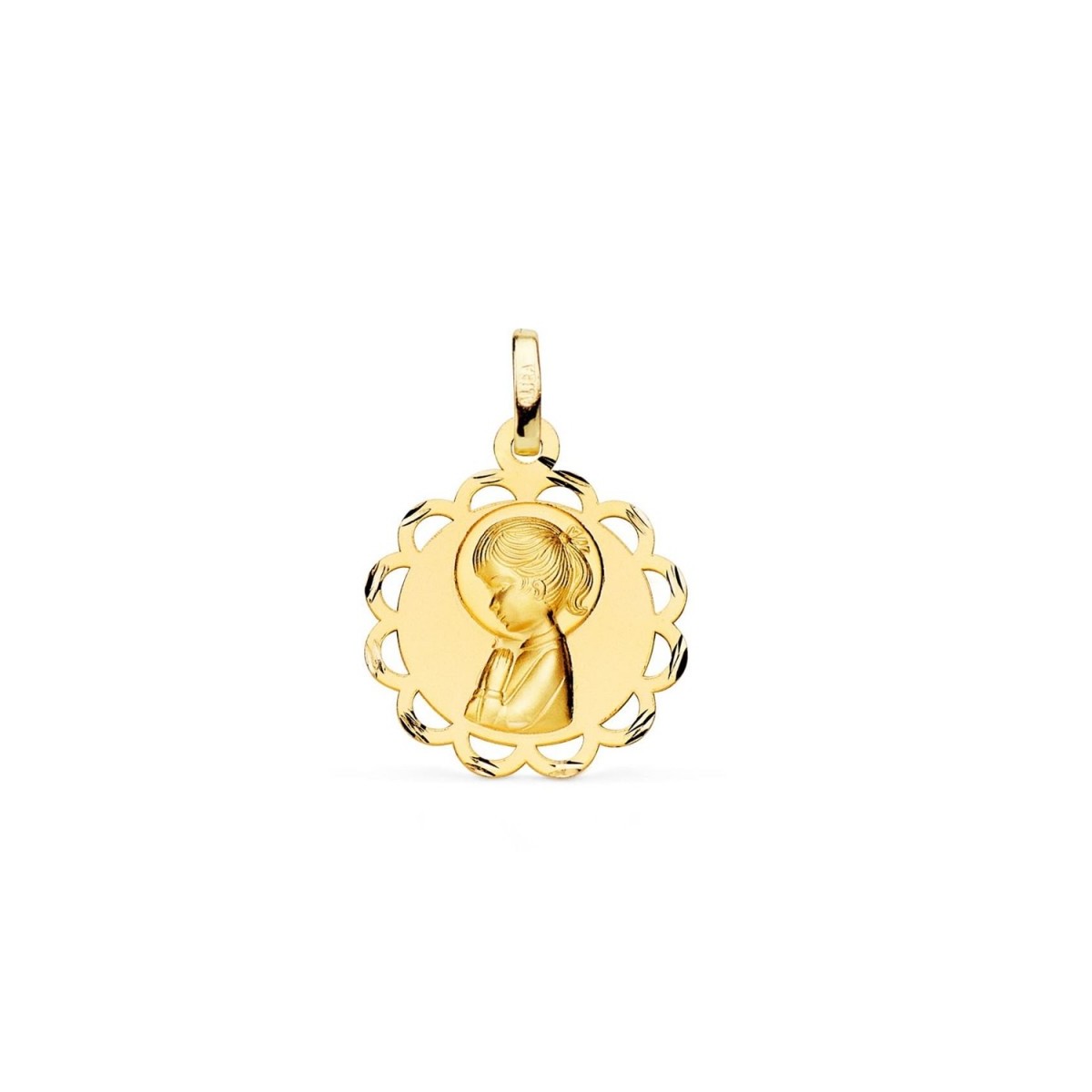 Virgen Niña medalla oro 18k Primera Comunión 19 mm. mate brillo forma pandereta calada