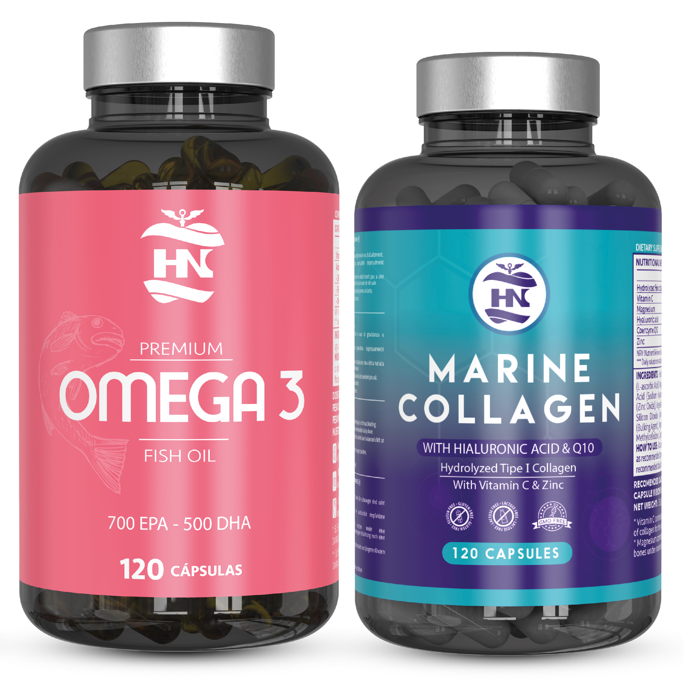 HN - Healthy Nutriton - Pack Omega 3 & Colageno Marino - Omega 3 Capsulas 2000 mg a Base de Aceite de Pescado Omega3-120 Perlas Blandas de Acidos Grasos Omega 3 700mg EPA - 500mg DHA - Colageno Marino Hidrolizado Puro con Acido Hialuronico y Vitamina C.