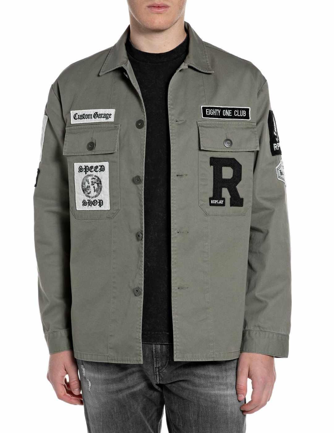 Sobrecamisa Replay con parches verde caqui para hombre