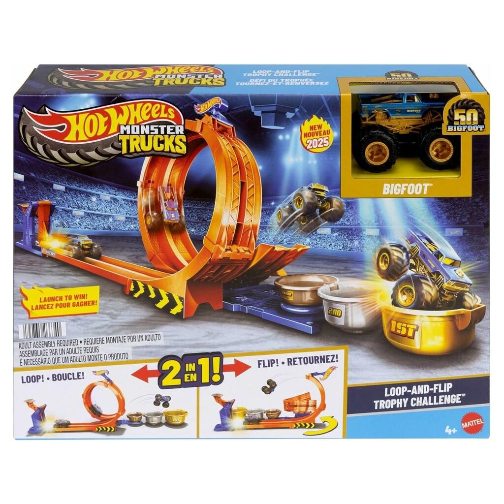 Hot Wheels Monster Trucks Trofeo del Desafío Bigfoot 2 en 1 Circuito para coches Mattel
